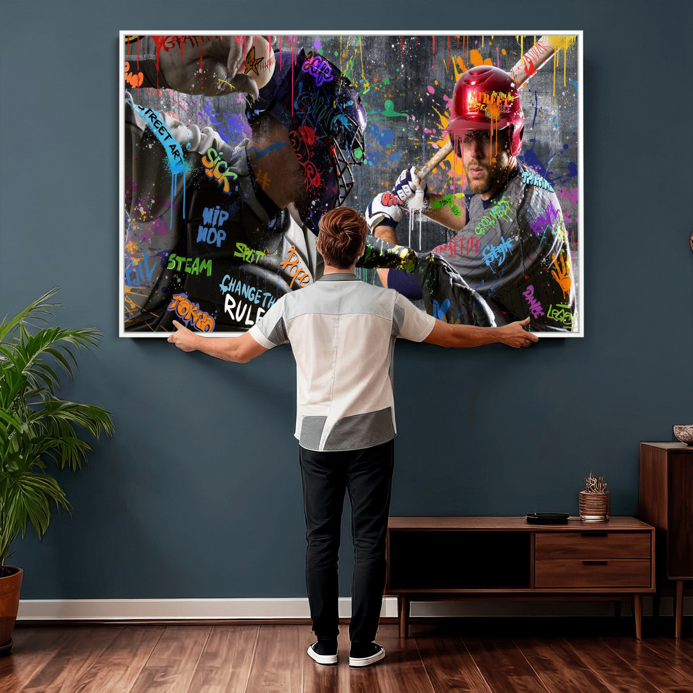 19634994-MGV-CV-36X24 - Graffiti Baseball Player Street Art Wall Art Canvas Print, Urban Sports Pop Art Baseball Canvas Print, Modern Athletic Graffiti Contemporary Art Printing