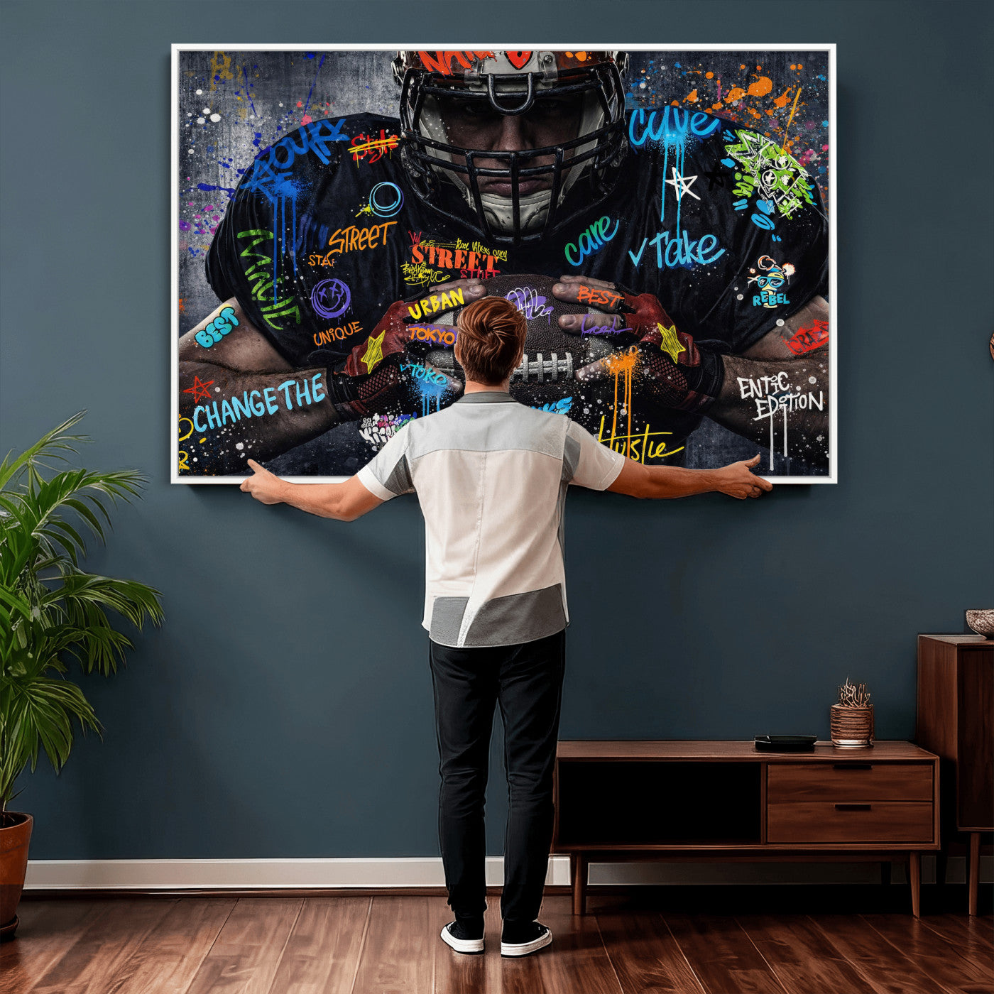 55267256-MGV-CV-36X24 - Graffiti American Football Player Street Art Wall Art Canvas Print, Urban Sports Pop Art Football Canvas Print, Modern Athletic Graffiti Contemporary Art Printing