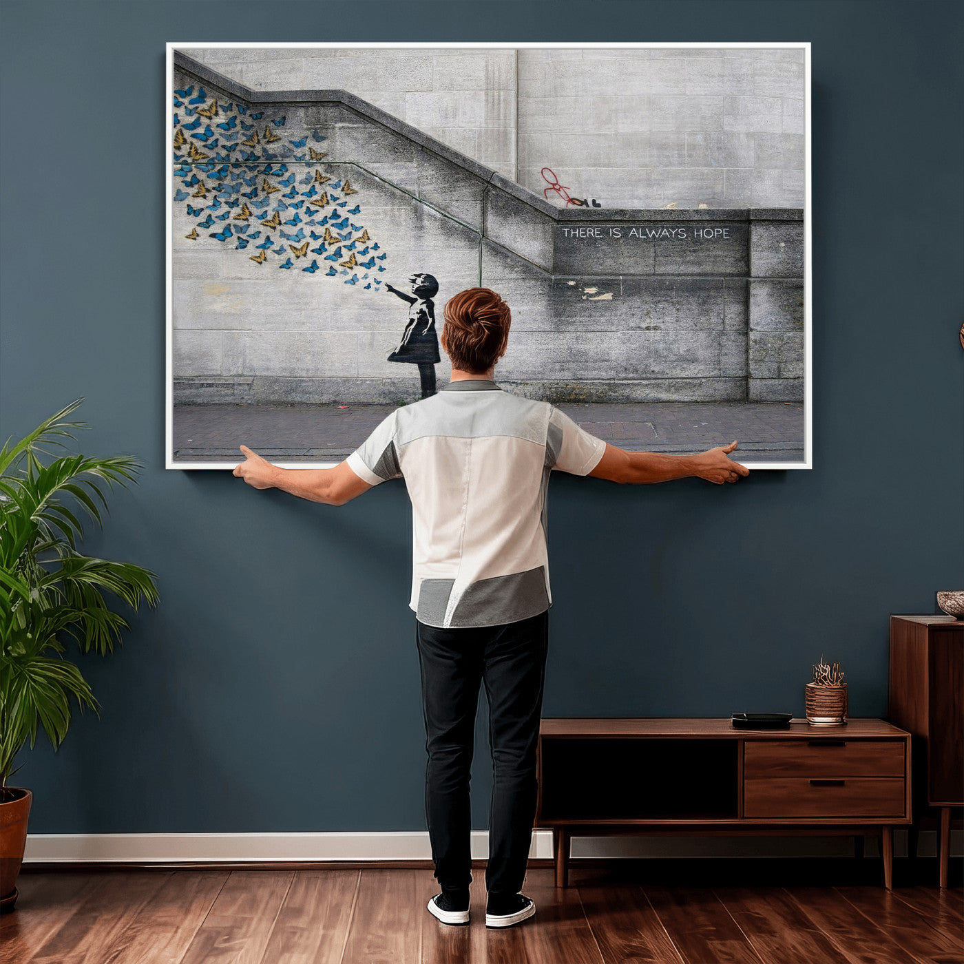 15274223-MGV-CV-36X24 - Banksy Girl with Butterflies Street Art Wall Art Canvas Print, Hope Graffiti Urban Art Canvas Print, Minimalist Inspirational Street Art Contemporary Art Printing