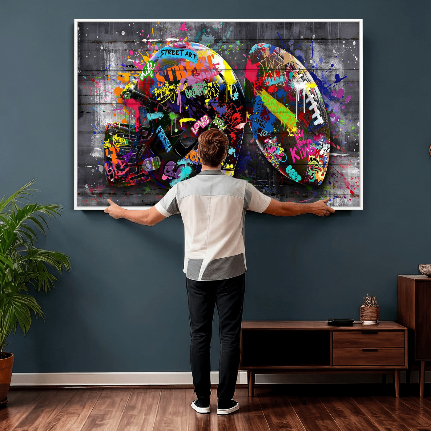 80540773-MGV-CV-36X24 - Graffiti American Football Helmet Street Art Wall Art Canvas Print, Urban Sports Pop Art Football Canvas Print, Colorful Graffiti Sports Contemporary Art Printing