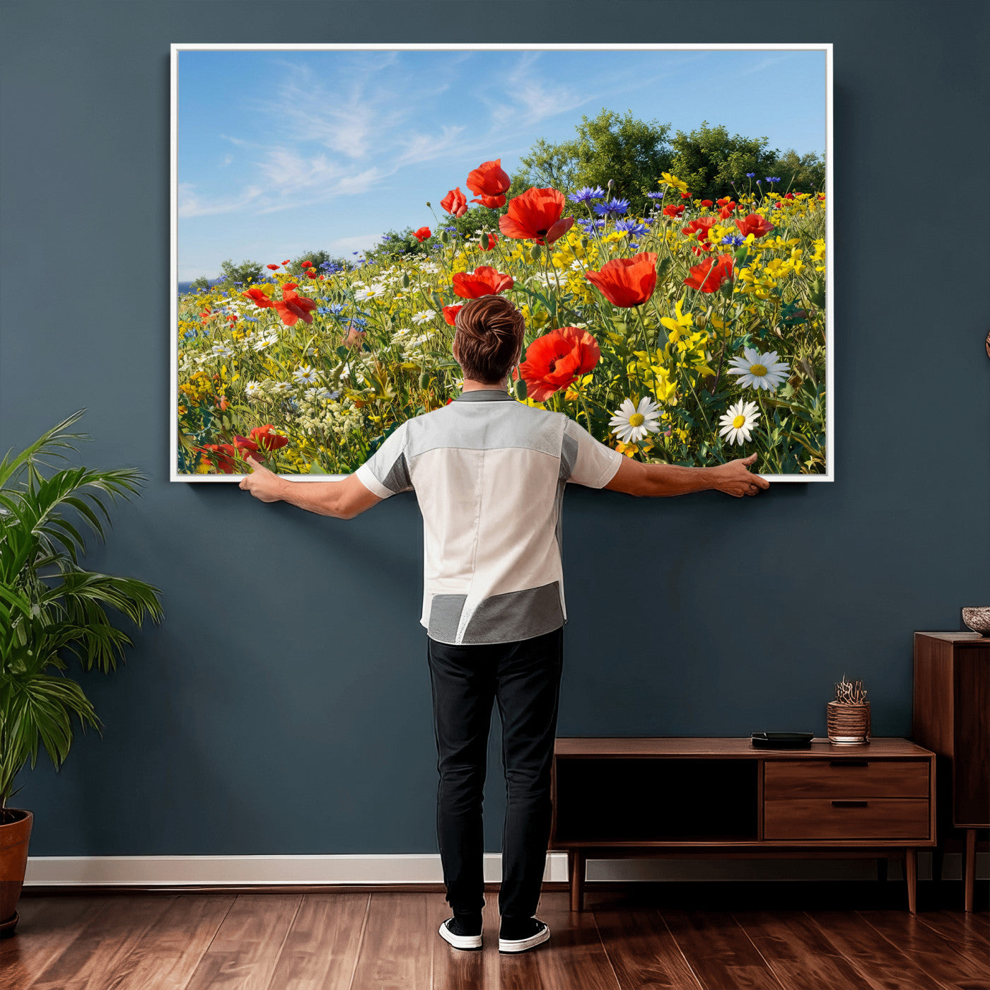38570784-MGV-CV-36X24 - Wildflower Meadow Wall Art Canvas Print – Colorful Poppy and Daisy Field Landscape Artwork for Living Room Decor