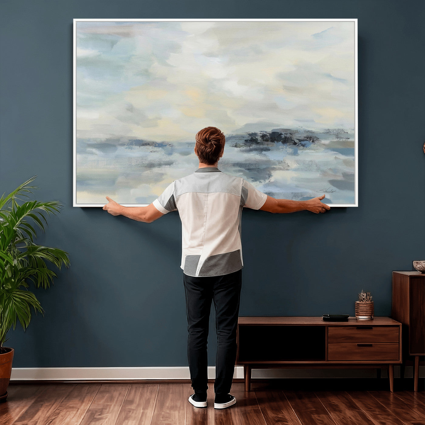 24647355-MGV-CV-36X24 - Abstract Coastal Landscape Wall Art Canvas Print – Soft Blue Gray Minimalist Painting
