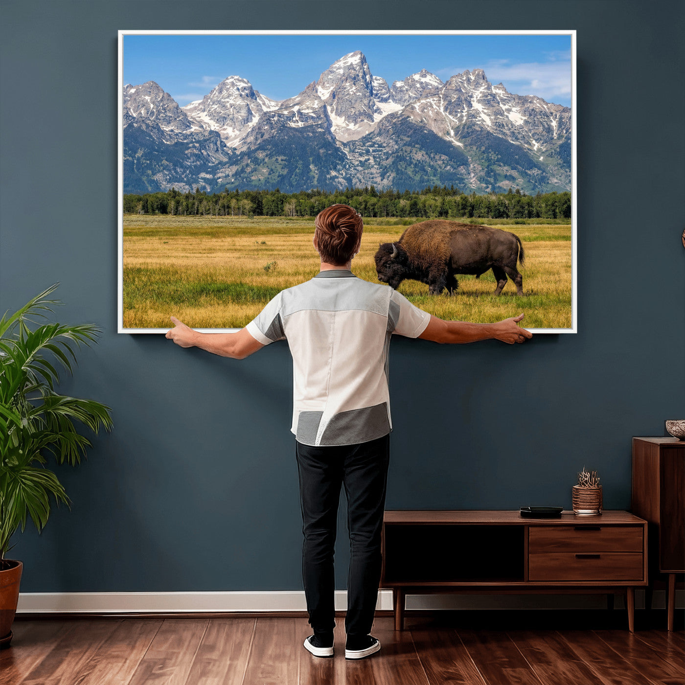 20424529-MGV-CV-36X24 - Bison in Mountain Landscape Wall Art Canvas Print – Western Wildlife Artwork for Rustic Living Room Decor