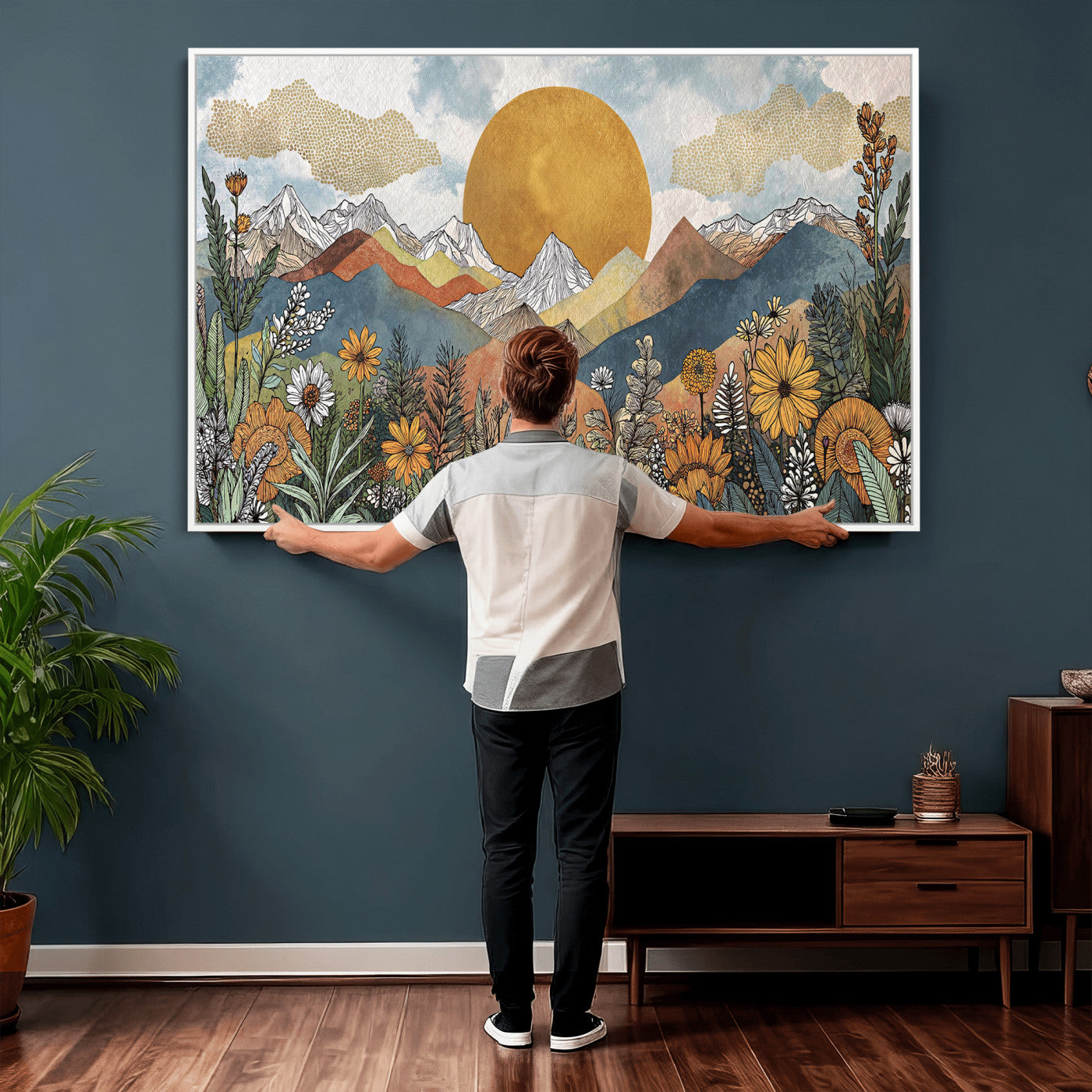 17540863-MGV-CV-36X24 - Boho Mountain Landscape Large Wall Art, Horizontal Gold Framed Canvas Print with Sun and Flowers