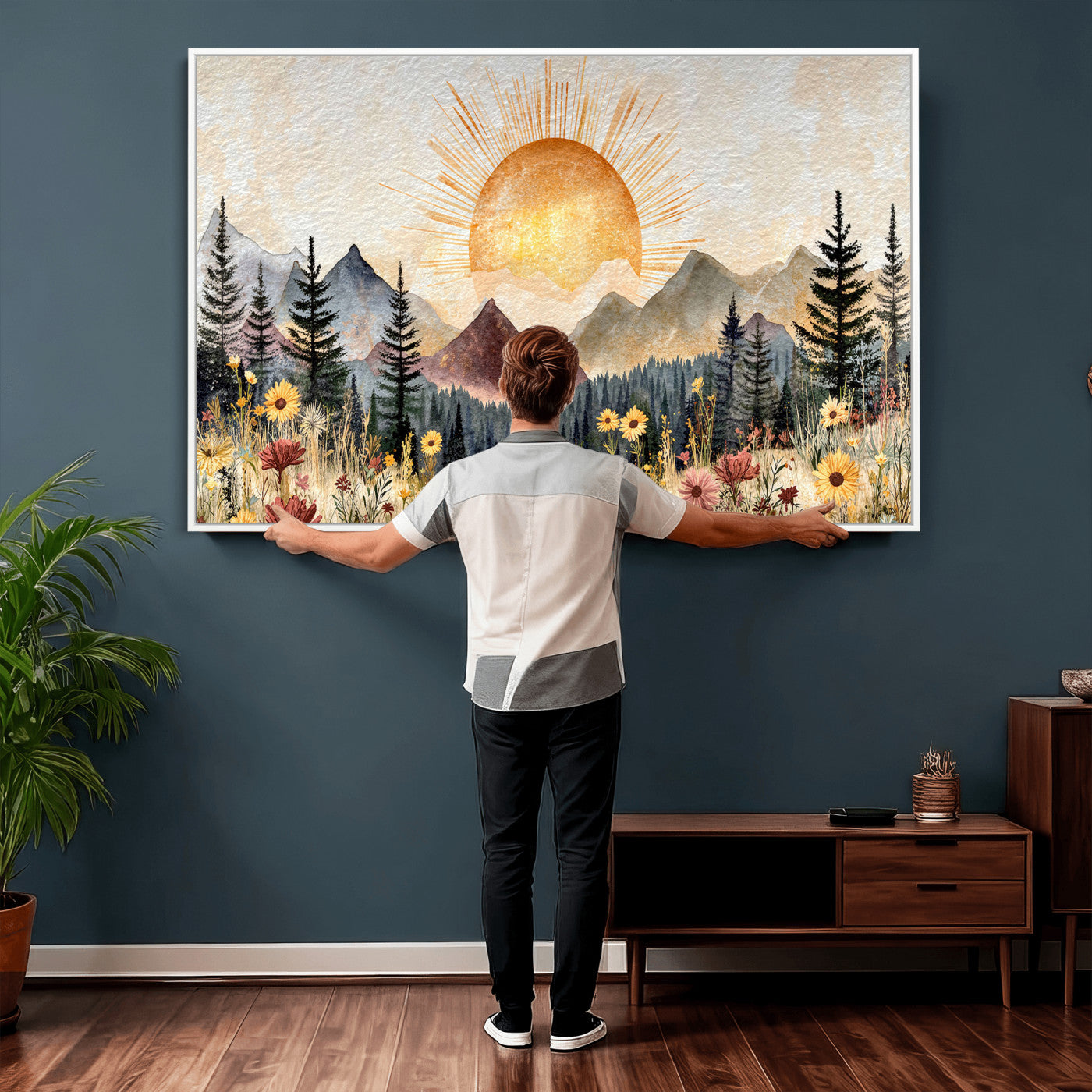 69025244-MGV-CV-36X24 - Boho Mountain Landscape Large Wall Art, Horizontal Gold Framed Canvas Print with Sun and Flowers
