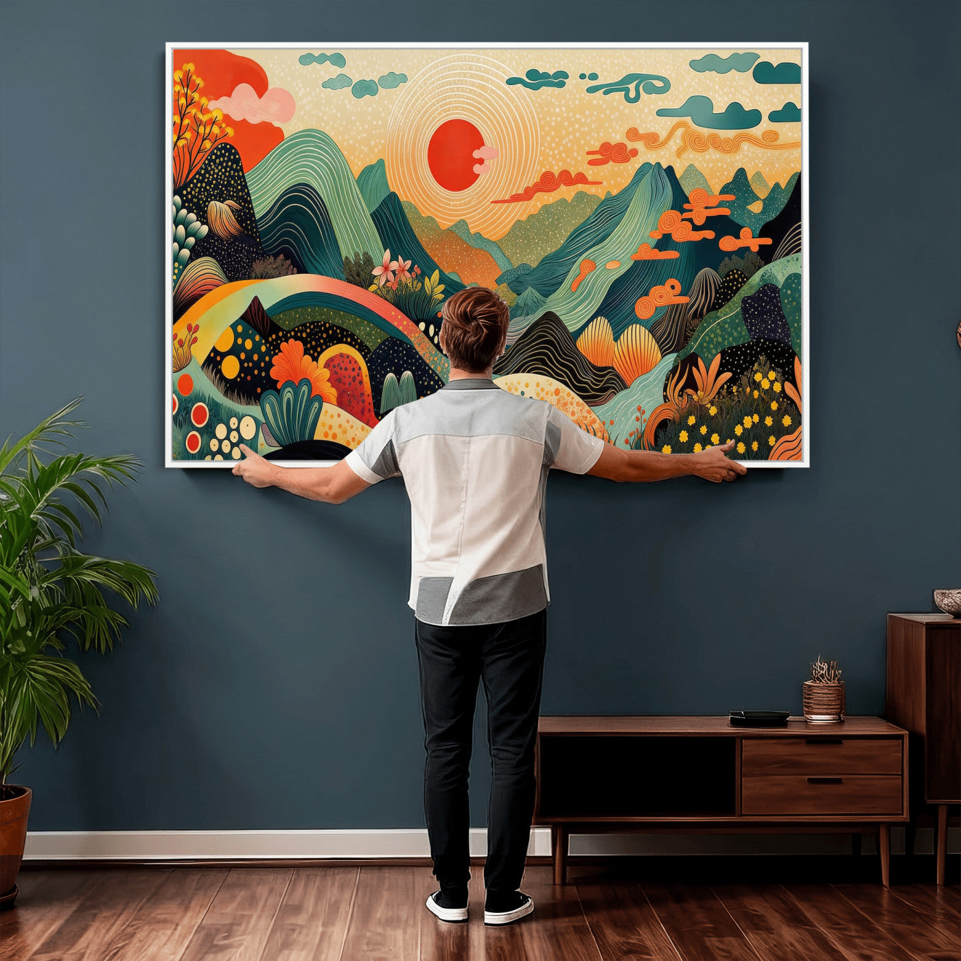 29927191-MGV-CV-36X24 - Yayoi Kusama Boho Mountain Landscape Large Wall Art, Horizontal Gold Framed Canvas Print with Sun and Flowers