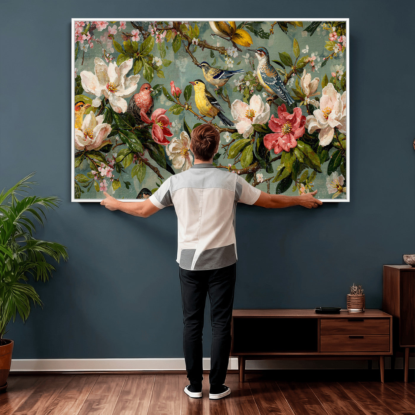 77883606-MGV-CV-36X24 - Vintage Birds and Flowers Wide Wall Art: Extra Large Panoramic Botanical Print