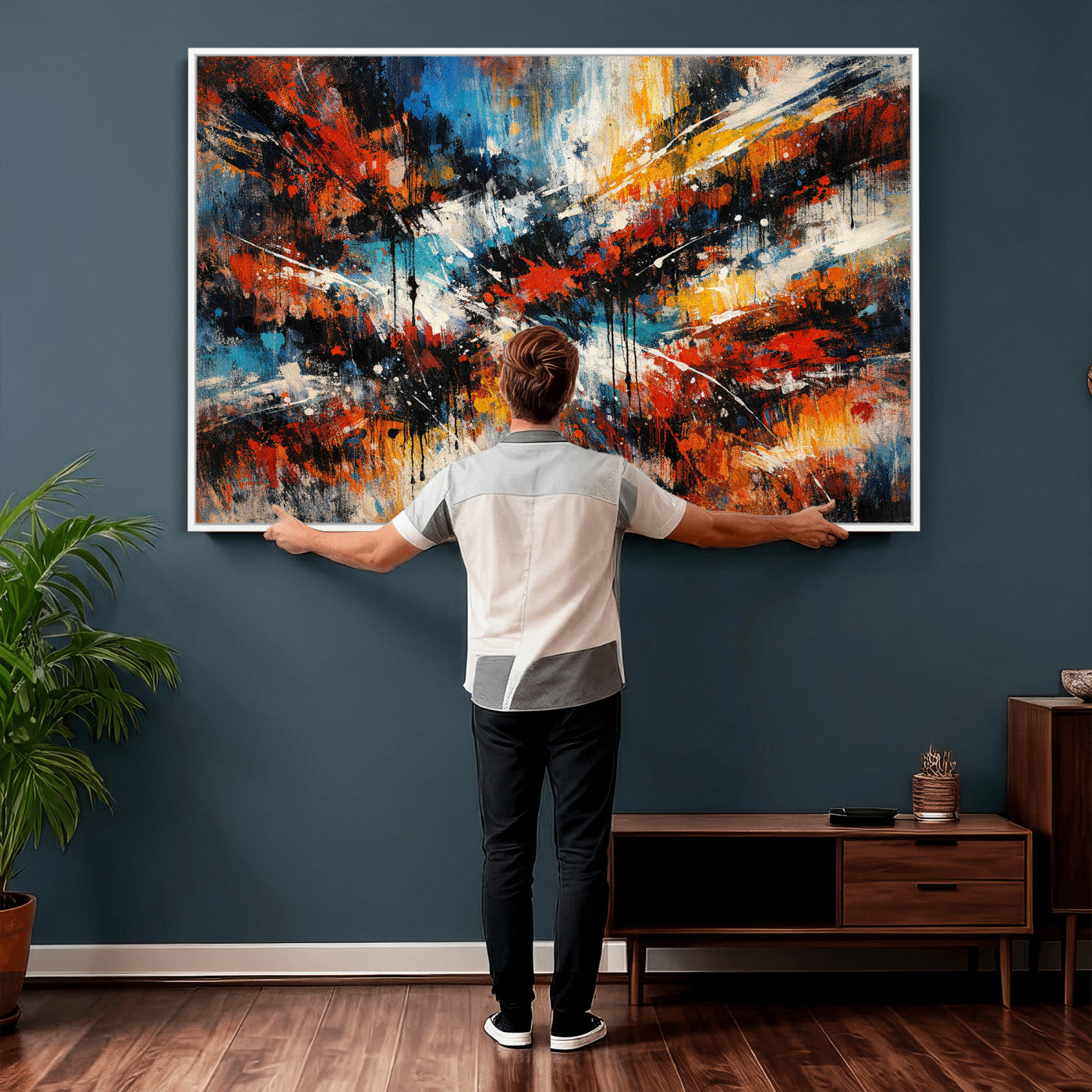 80276069-MGV-CV-36X24 - Geometric Abstract Wall Art Canvas Print, Orange Blue Abstract Expressionist Painting Print, Modern Geometric Abstract Canvas Art
