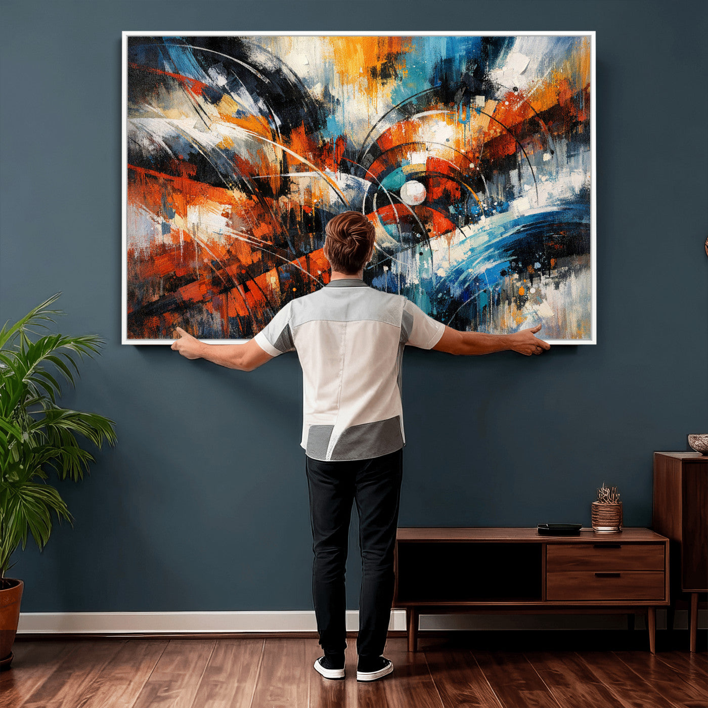 47120691-MGV-CV-36X24 - Geometric Abstract Wall Art Canvas Print, Orange Blue Abstract Expressionist Painting Print, Modern Geometric Abstract Canvas Art