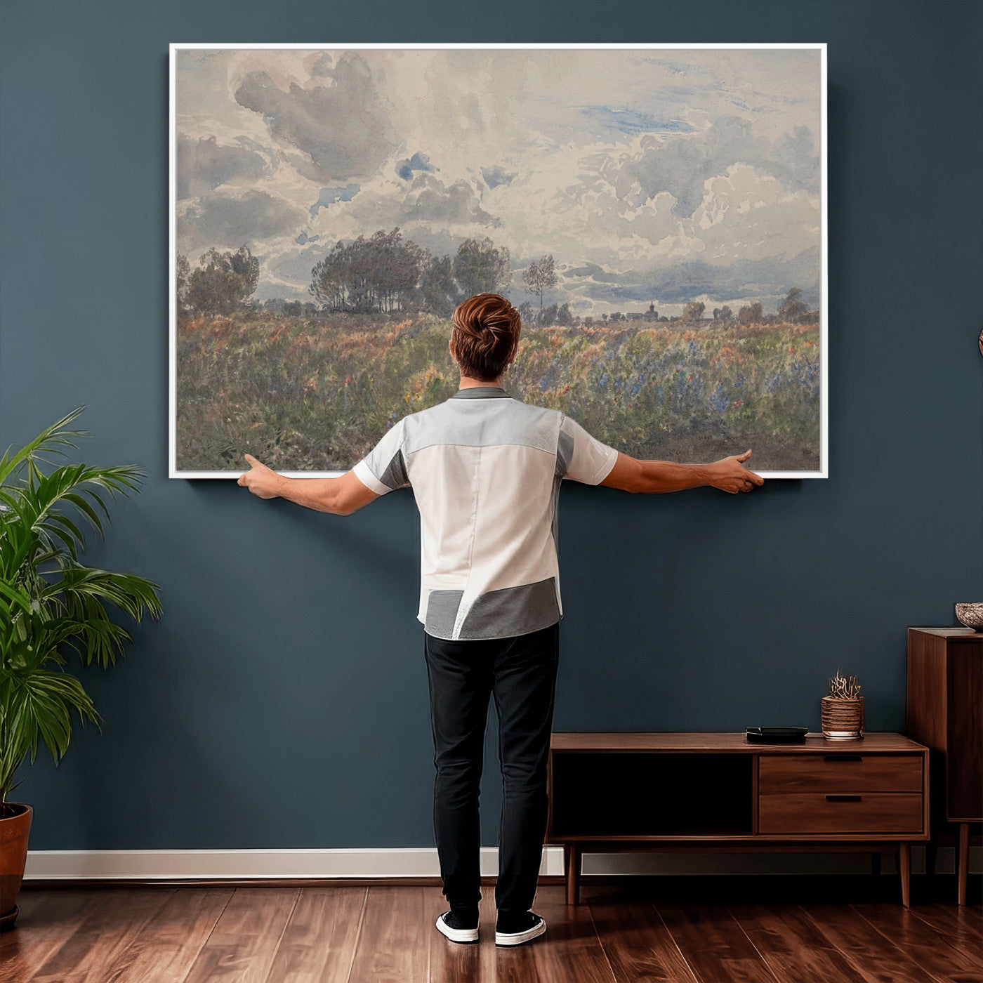 76626885-MGV-CV-36X24 - Vintage Watercolor Meadow Canvas Wall Art — English Pastoral Wildflower Storm Sky Print | Cottagecore Nature Decor | Classic Landscape Gift