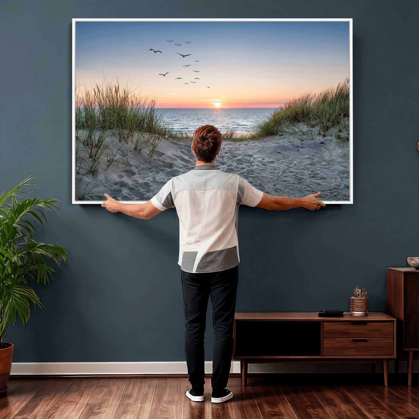 12172032-MGV-CV-36X24 - Sandy Dune Path Sunset Canvas Wall Art — Seagulls Beach Ocean Photography Print | Coastal Home Decor | Nautical Wall Art | Beach House Gift