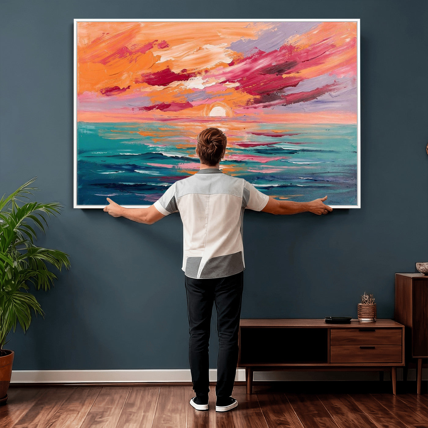 26763902-MGV-CV-36X24 - Bold Palette Knife Ocean Sunset Canvas — Orange Pink Teal Expressionist Sea Print | Colorful Coastal Wall Art | Vibrant Beach Decor Gift