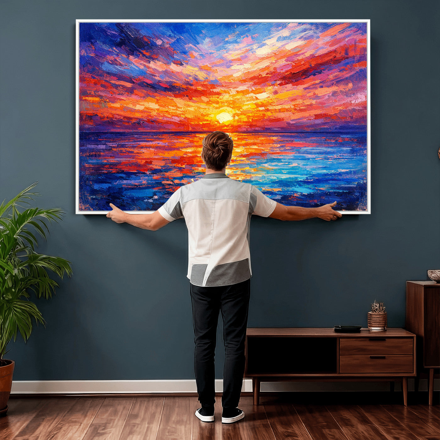 54915078-MGV-CV-36X24 - Colorful Knife Ocean Sunset Canvas — Orange Pink Teal Expressionist Sea Print | Colorful Coastal Wall Art | Vibrant Beach Decor Gift
