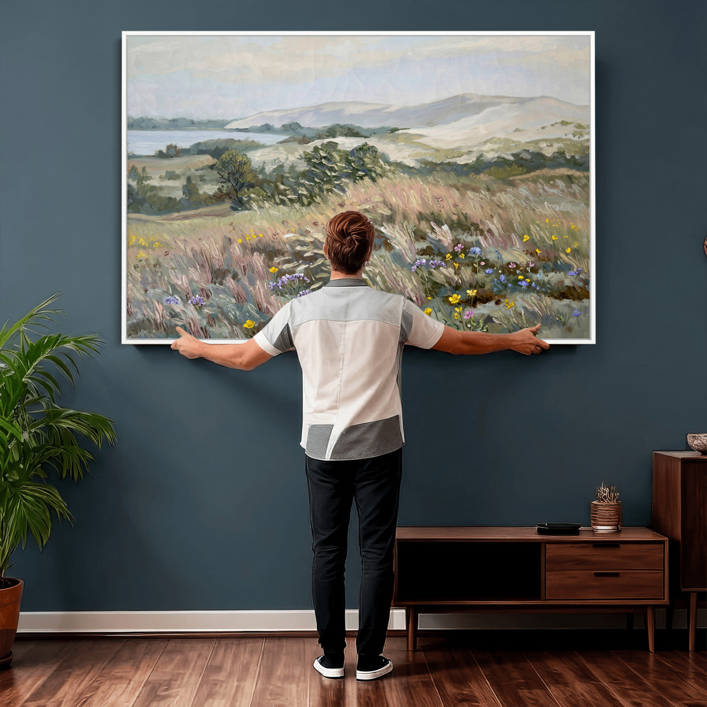 18013232-MGV-CV-36X24 - Katie Staples Hillside Canvas Wall Art — Coastal Wildflower Dune Oil Painting Print | Muted Green Nature Decor | Plein Air Landscape Gift