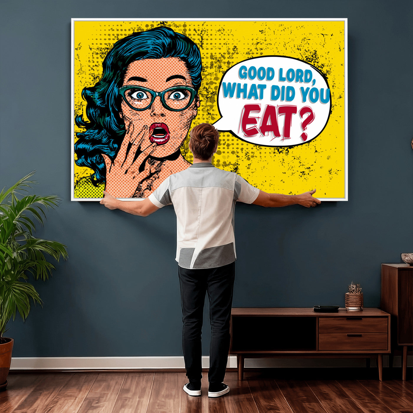 88217969-MGV-CV-36X24 - Pop Art Print Bathroom Sign Wall Art Canvas Print — Funny Bathroom Canvas | Comic Style Toilet Wall Decor | Humor Gift | Yellow Bold Bathroom Art