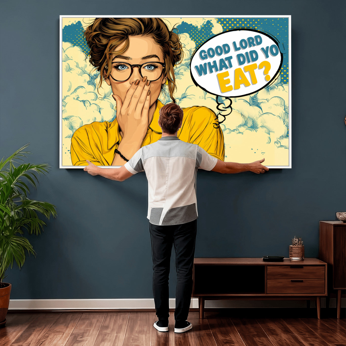 35819669-MGV-CV-36X24 - Pop Art Print Bathroom Sign Wall Art Canvas Print — Funny Bathroom Canvas | Comic Style Toilet Wall Decor | Humor Gift | Yellow Bold Bathroom Art