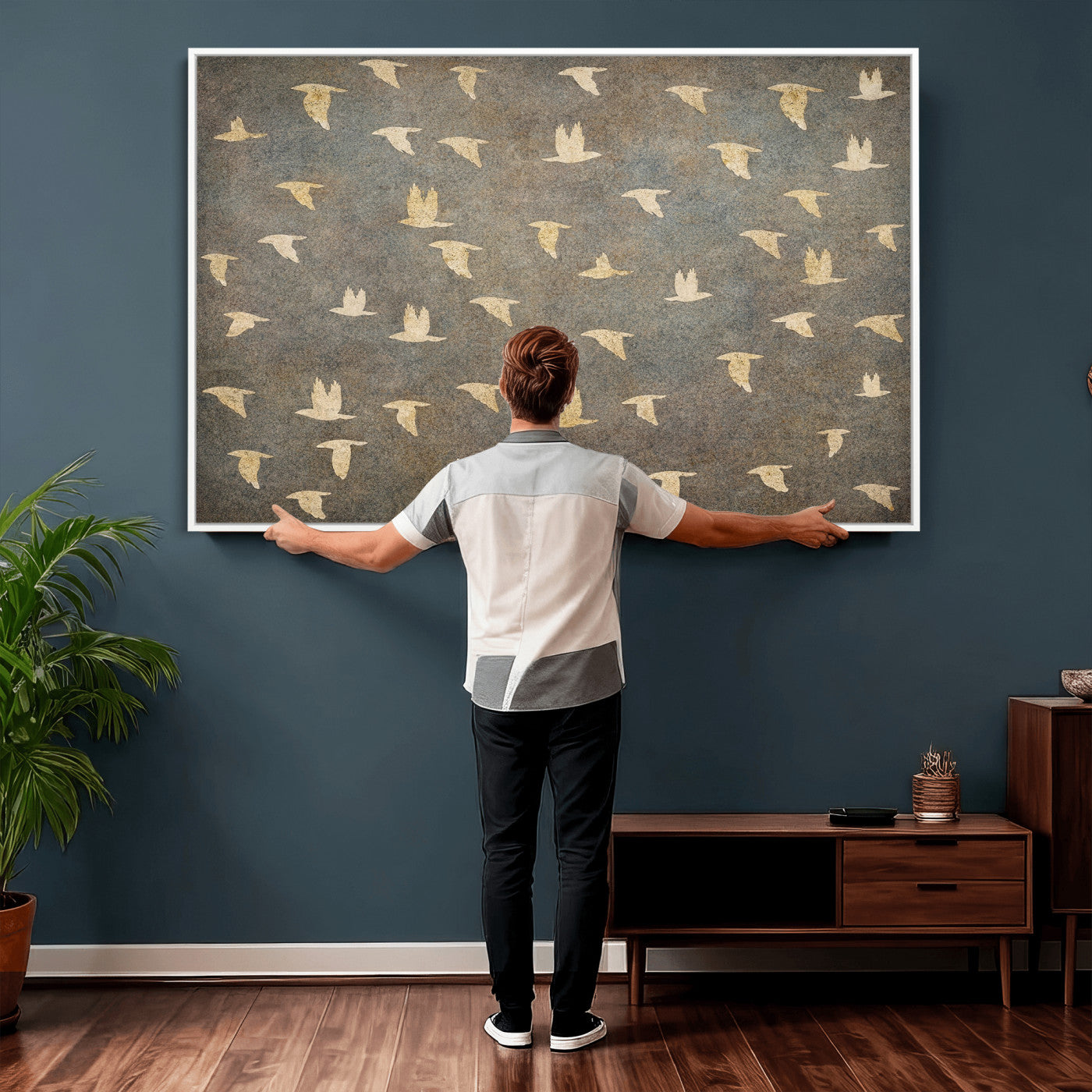 74076164-MGV-CV-36X24 - Flying Birds Canvas Wall Art, Vintage Bird Flock Pattern Print, Grey Gold Abstract Nature Decor, Rustic Bird Silhouette Art, Boho Living Room Decor