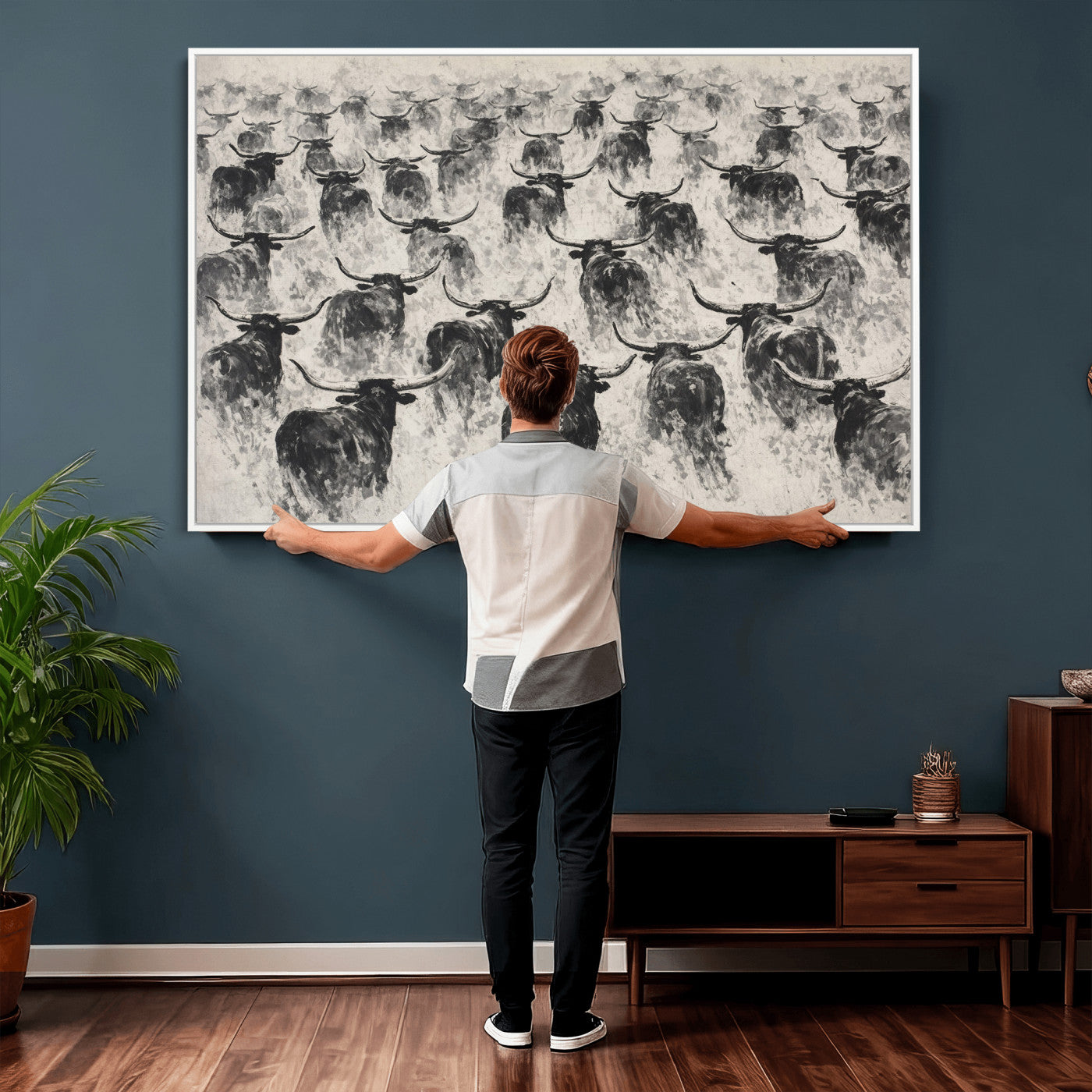 73328525-MGV-CV-36X24 - Texas Longhorn Drawing Canvas Wall Art, Western Cattle Stampede Painting Print, Warm Amber Ranch Decor, Rustic Cowboy Home Art, Large Living Room Decor