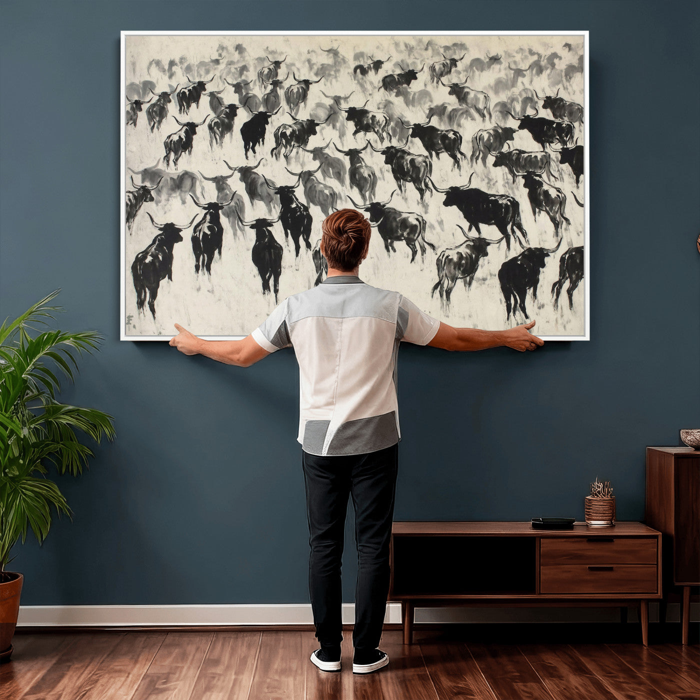 68669792-MGV-CV-36X24 - Longhorn Cattle Canvas Wall Art, Black White Stampede Ink Painting Print, Western Farmhouse Decor, Bull Herd Art, Large Living Room Wall Art, Ranch Home Decor