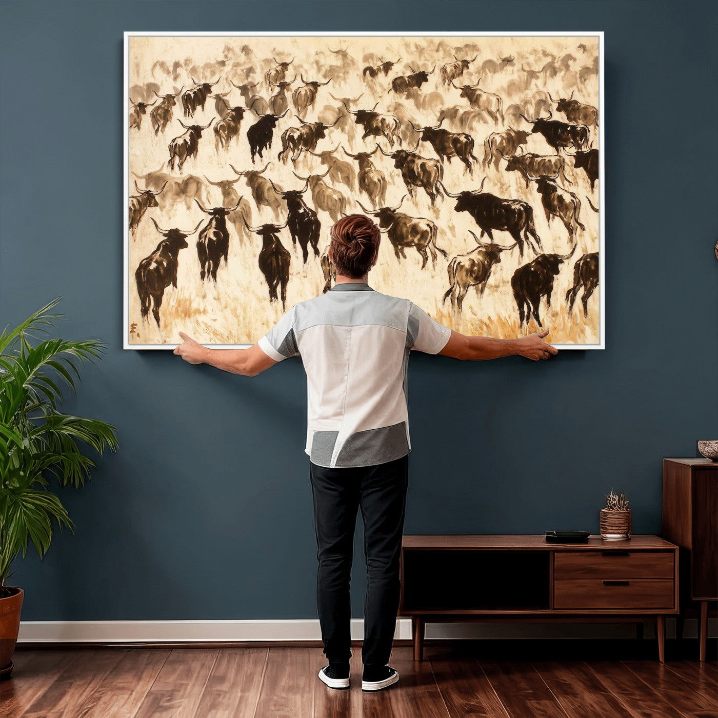 39077774-MGV-CV-36X24 - Texas Longhorn Sepia Canvas Wall Art, Western Cattle Stampede Painting Print, Warm Amber Ranch Decor, Rustic Cowboy Home Art, Large Living Room Decor