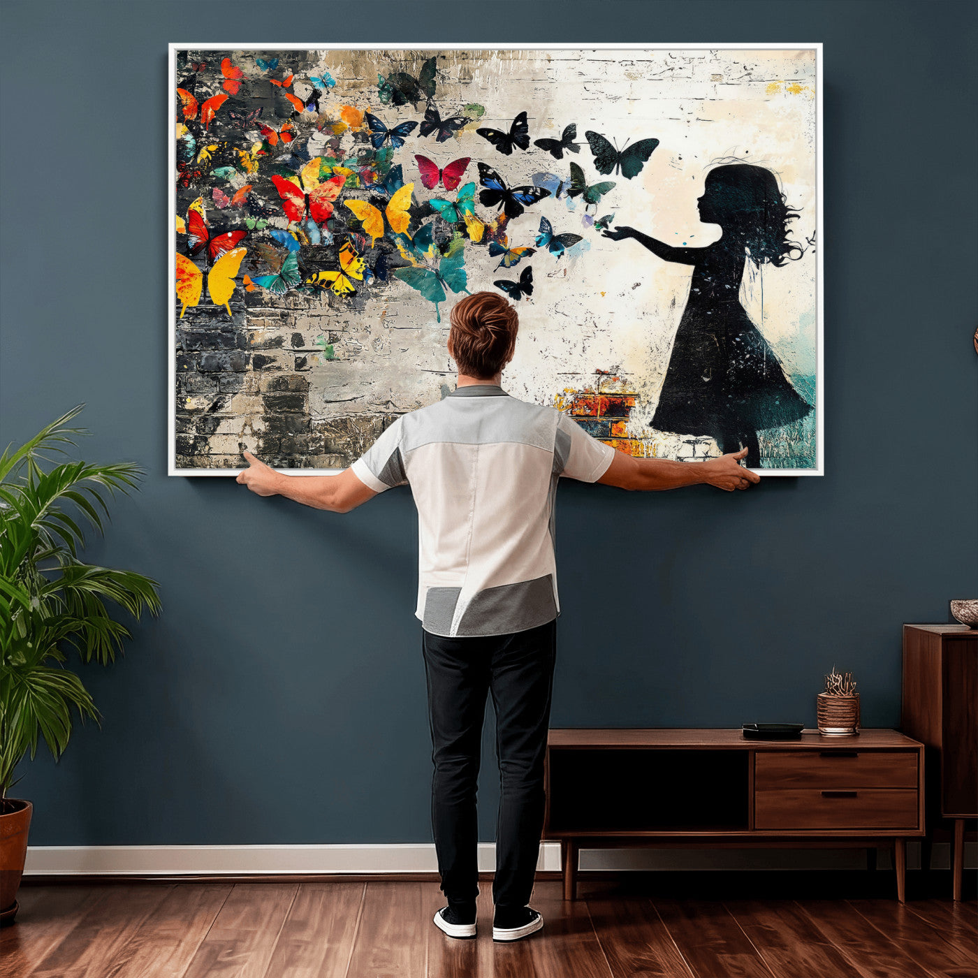 33909022-MGV-CV-36X24 - Banksy Butterfly Girl Wall Art Canvas Print, Framed Street Art Silhouette Graffiti Artwork, Colorful Butterfly Wall Decor for Living Room Bedroom Office