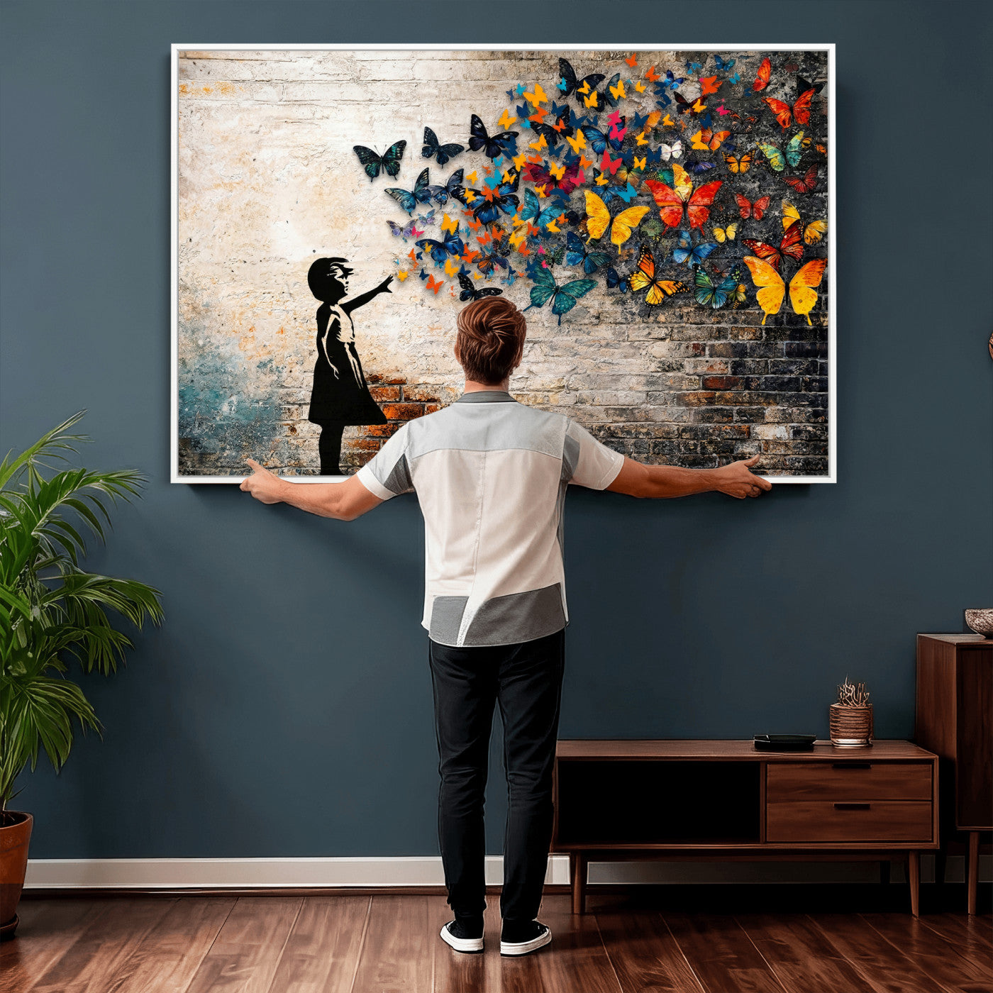 78760384-MGV-CV-36X24 - Banksy Graffiti Butterfly Girl Wall Art Canvas Print, Framed Street Art Canvas Print, Silhouette Butterfly Wall Art for Living Room Bedroom Office