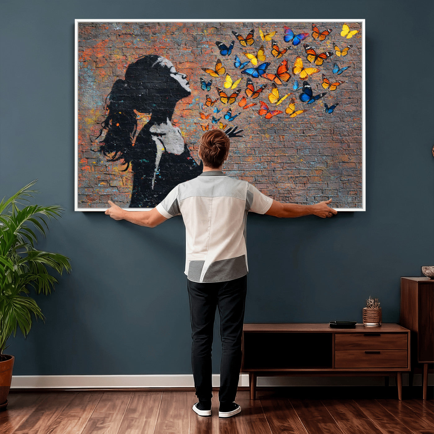 10555939-MGV-CV-36X24 - Urban Banksy Butterfly Girl Wall Art Canvas Print, Framed Street Art Canvas Print, Graffiti Silhouette Butterfly Wall Art for Living Room Bedroom Office