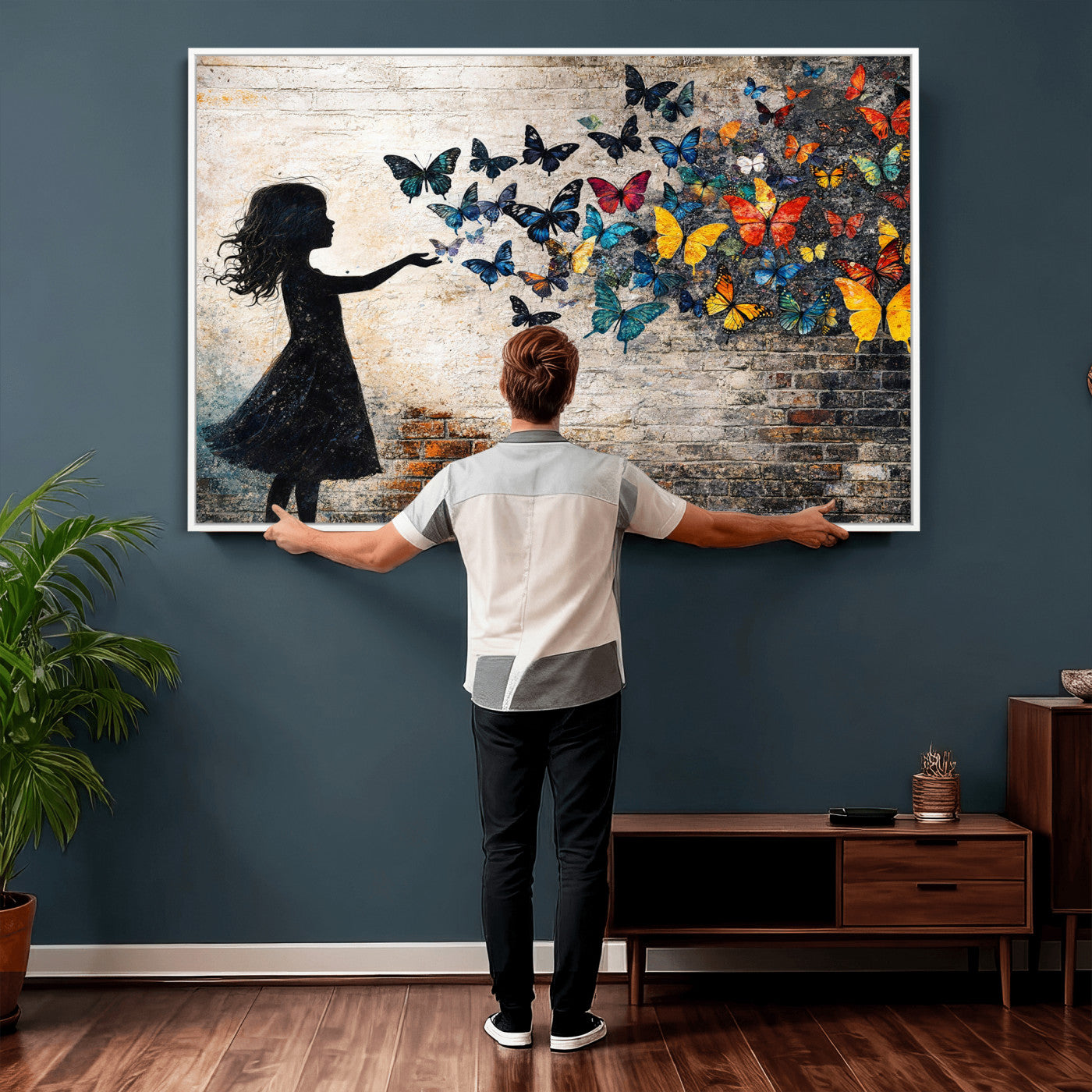 70522594-MGV-CV-36X24 - Banksy Butterfly Girl Wall Art Canvas Print, Framed Street Art Canvas Print, Graffiti Silhouette Butterfly Wall Art for Living Room Bedroom Office