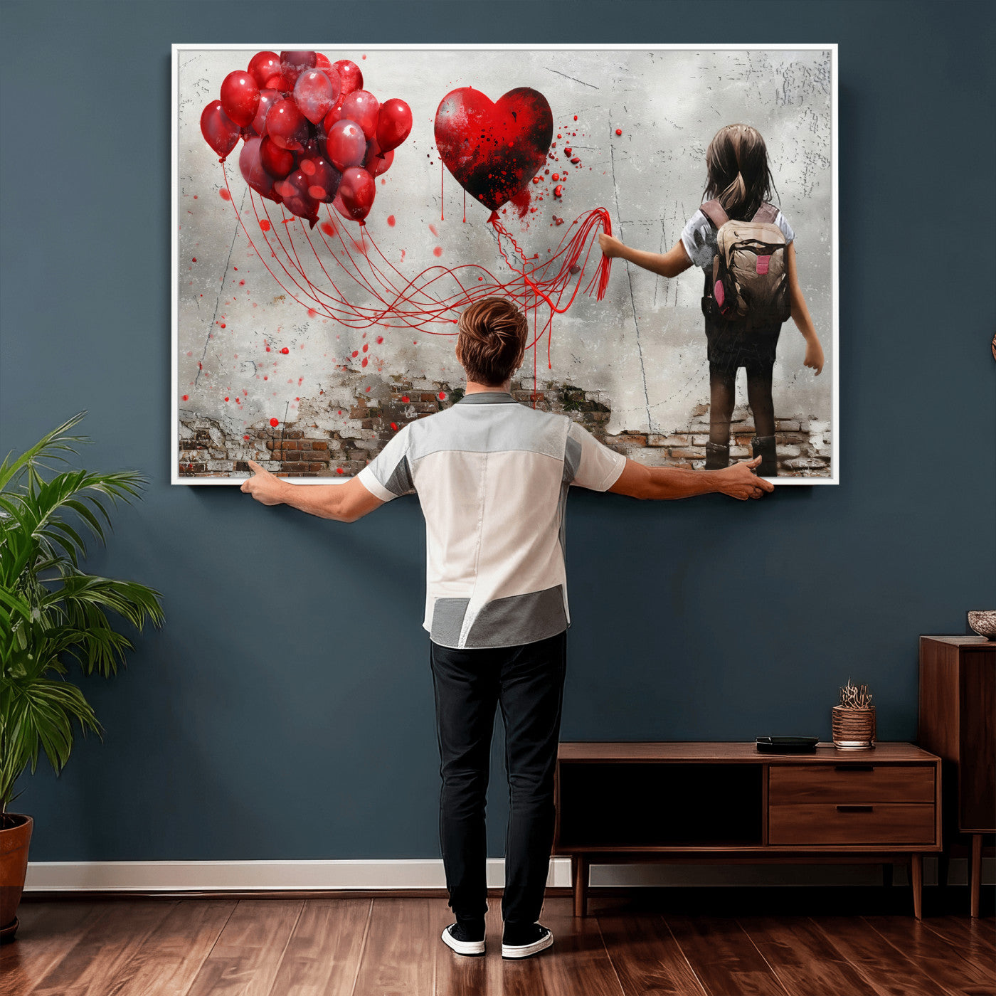 2162830T-MGV-CV-36X24 - Girl Graffiti Wall Art Canvas Print, Red Balloon Heart Street Art, Urban Love Artwork for Living Room Bedroom Hallway Office, Modern Abstract Canvas Wall Decor Home Decor