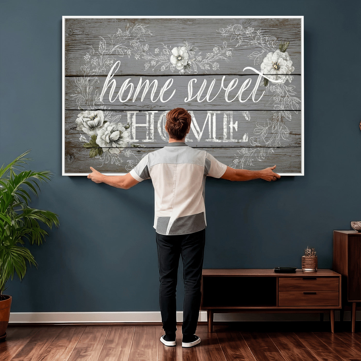 42160089-MGV-CV-36X24 - Home Sweet Home Sign Wall Art Canvas Print, Floral Farmhouse Sign, Rustic Neutral Entryway Bedroom Living Room Decor