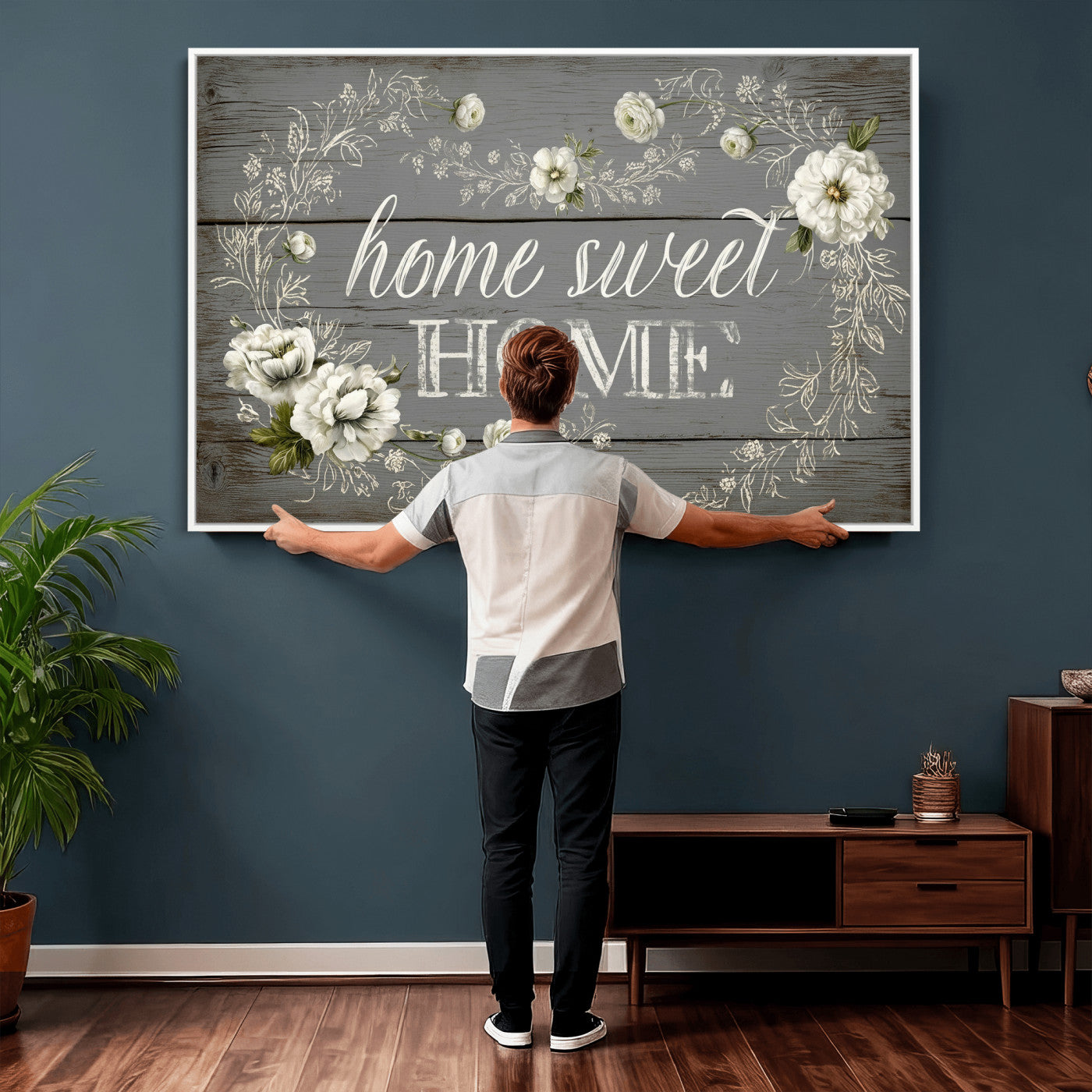32056075-MGV-CV-36X24 - Home Sweet Home Wall Art Canvas Print, Floral Farmhouse Sign, Rustic Neutral Entryway Bedroom Living Room Decor