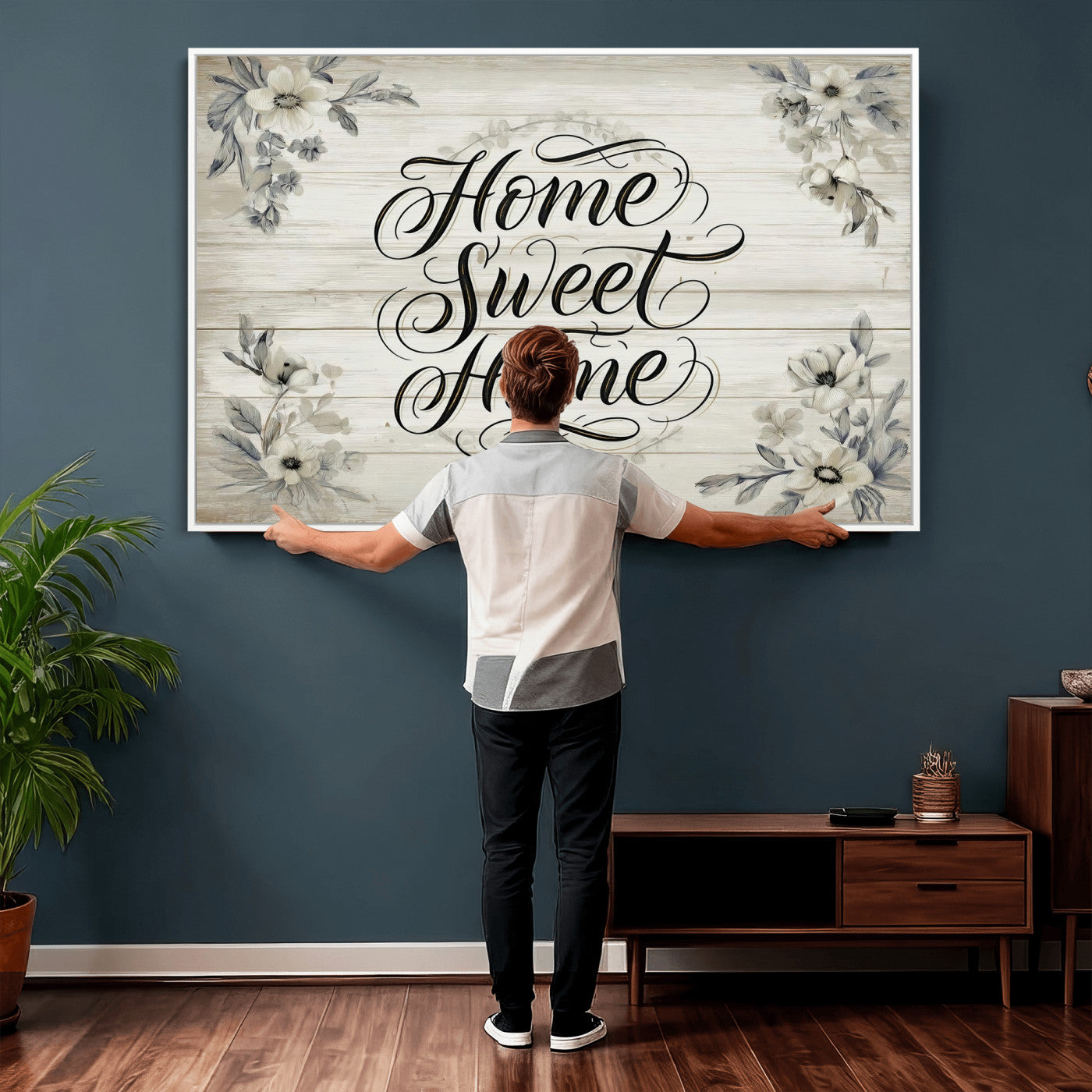 11120405-MGV-CV-36X24 - Home Sweet Home Wall Art Canvas Print, Floral Farmhouse Sign, Rustic Neutral Entryway Bedroom Living Room Decor