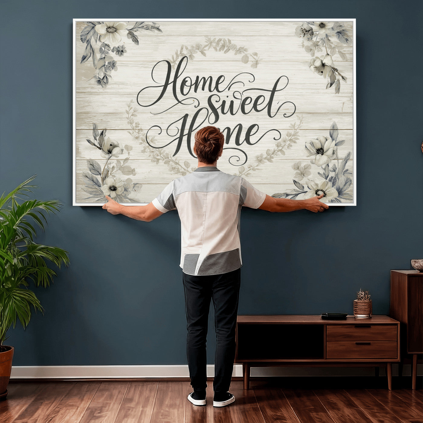 81157008-MGV-CV-36X24 - Home Sweet Home Wall Art Canvas Print, Floral Farmhouse Sign, Rustic Neutral Entryway Bedroom Living Room Decor