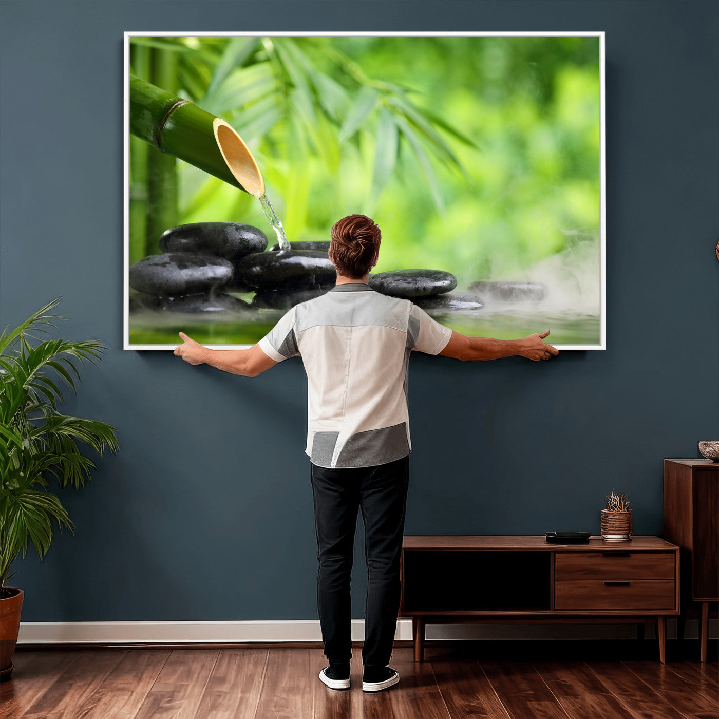 26961320-MGV-CV-36X24 - Bamboo Water Flow Black Stone Canvas | Zen Spa Nature Photography Print | Green Mist Japanese Garden Wall Art | Tranquil Decor