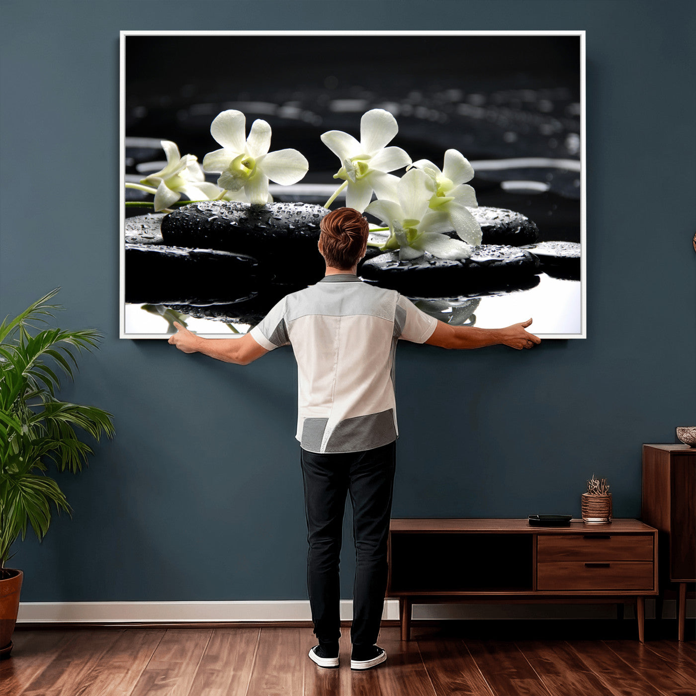 79486206-MGV-CV-36X24 - Plumeria Frangipani Black Stone Canvas | White Flower Spa Photography Print | Tropical Zen Wall Art | Grey Pebble Floral for Meditation Room Decor