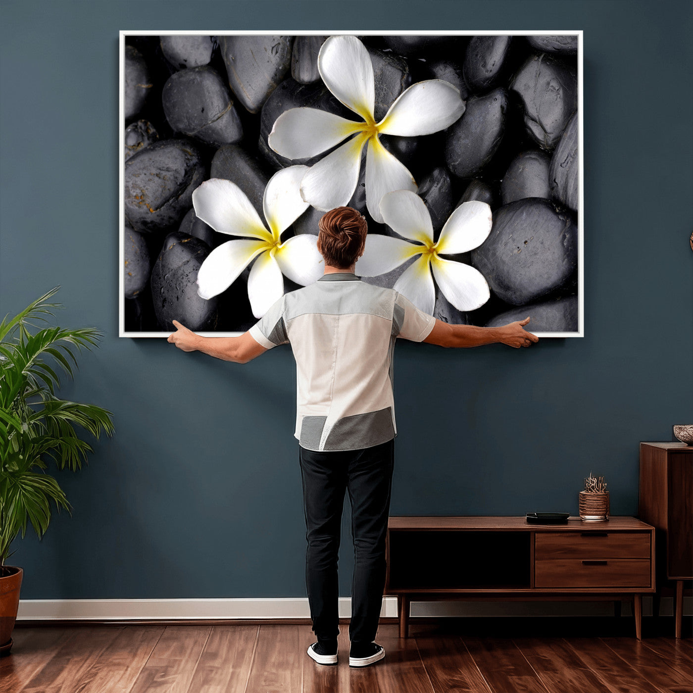 43639613-MGV-CV-36X24 - Plumeria Frangipani Black Stone Canvas | White Flower Spa Photography Print | Tropical Zen Wall Art | Grey Pebble Floral Decor