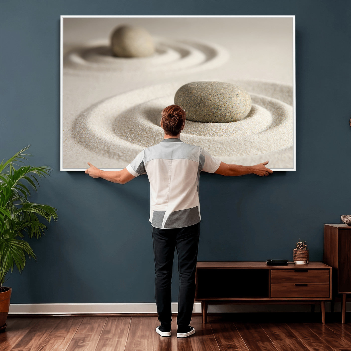 13397966-MGV-CV-36X24 - Zen Garden Stone Sand Canvas | Japanese Rock Garden Wall Art | Minimalist Meditation Print | Neutral Beige Mindfulness Decor