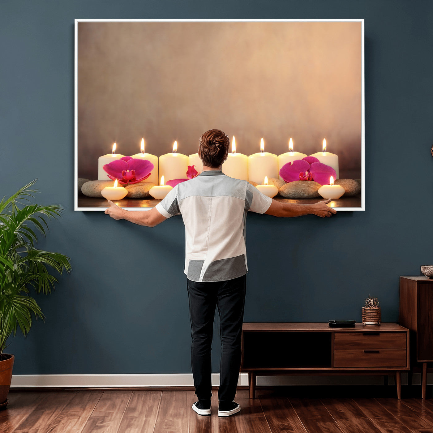 59470569-MGV-CV-36X24 - Spa Candles Orchid Canvas Print | Zen Wellness Relaxation Wall Art | Pink Flower Candlelight Bathroom Decor | Calm Beige Photography