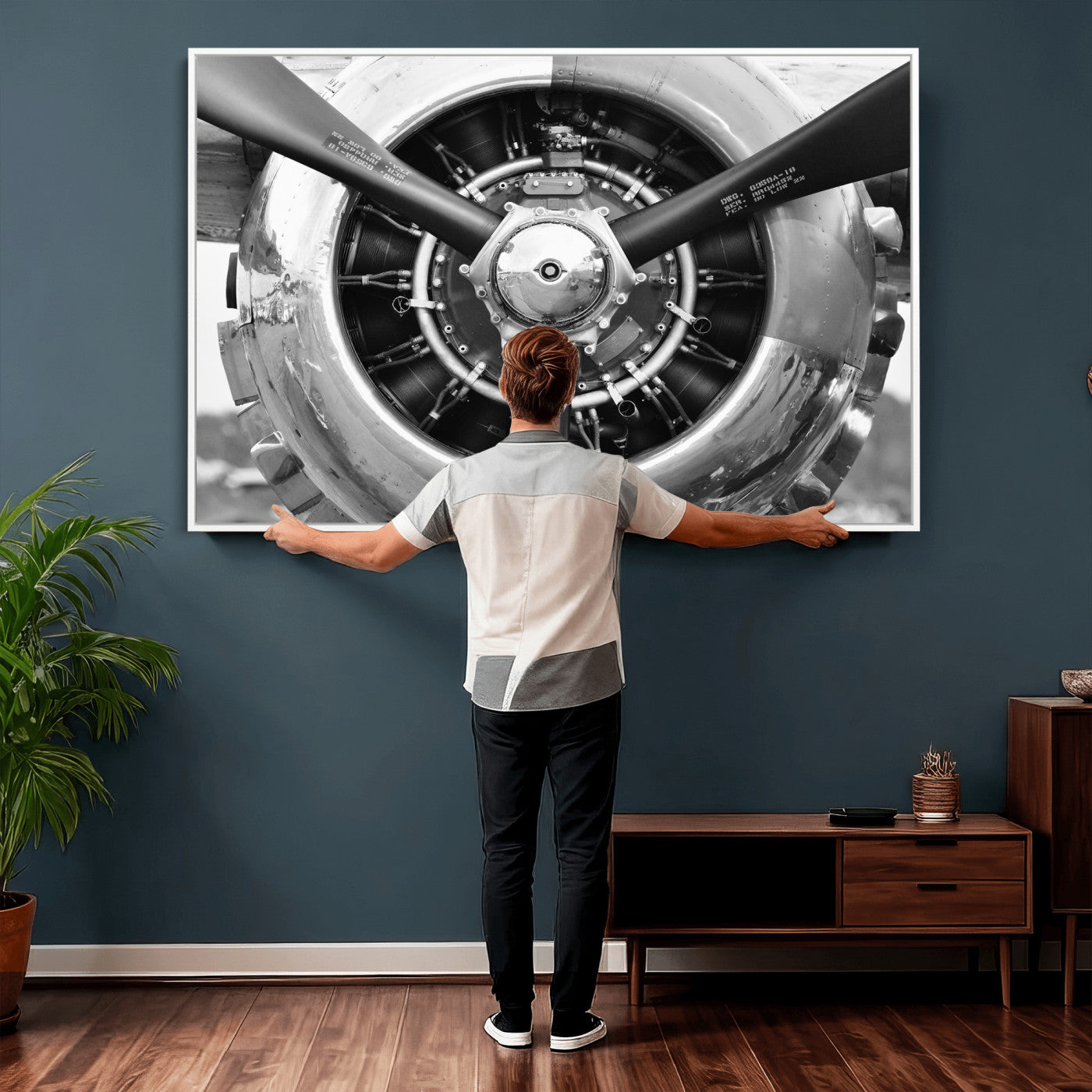 73322230-MGV-CV-36X24 - Vintage Propeller Plane Wall Art Canvas Print, Black and White Airplane Engine Close Up Framed Aviation Artwork for Pilot Office Hangar Decor