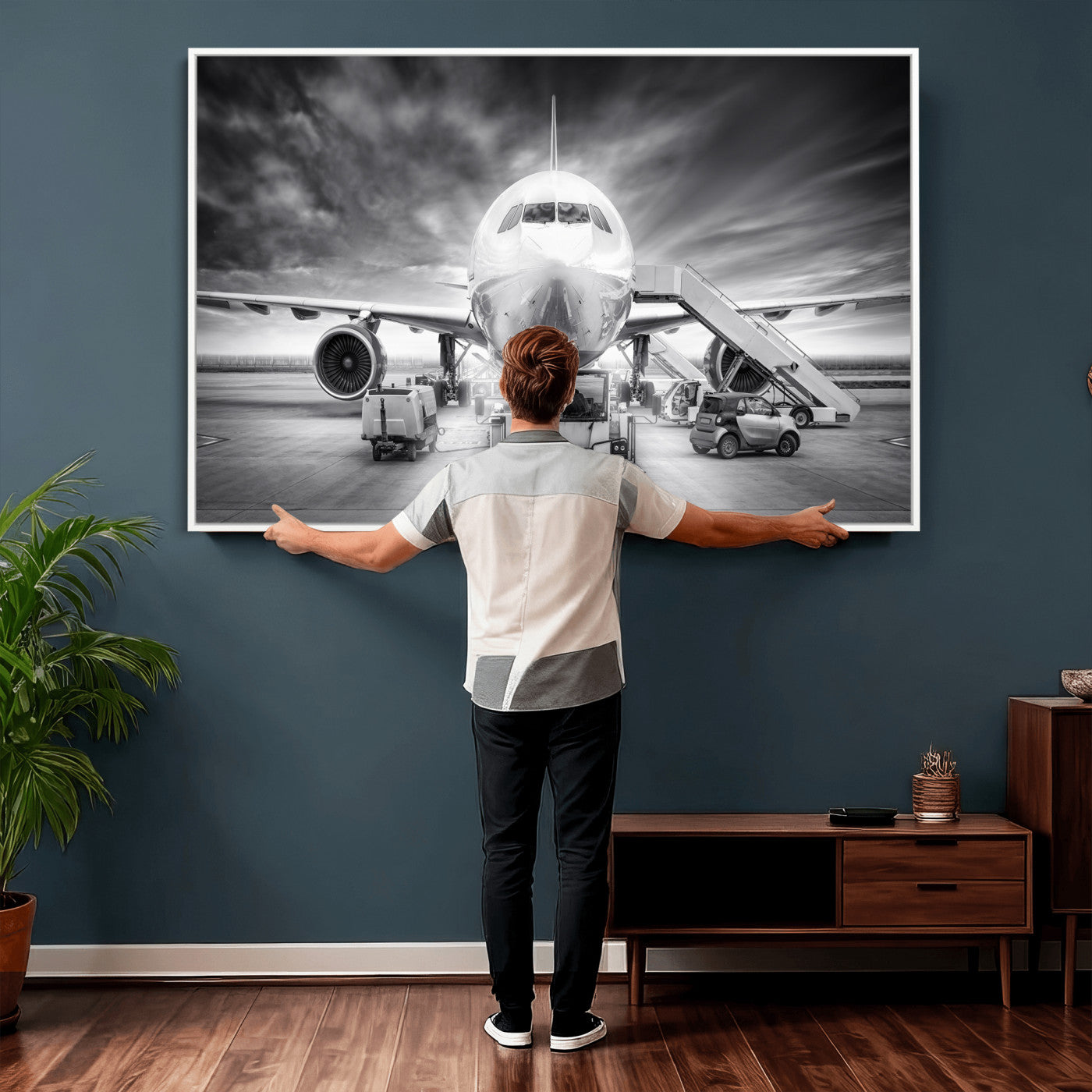 85885848-MGV-CV-36X24 - Airplane Wall Art Canvas Print, Black and White Jet Aircraft Airport Runway Framed Aviation Artwork for Pilot Office Hangar Travel Decor