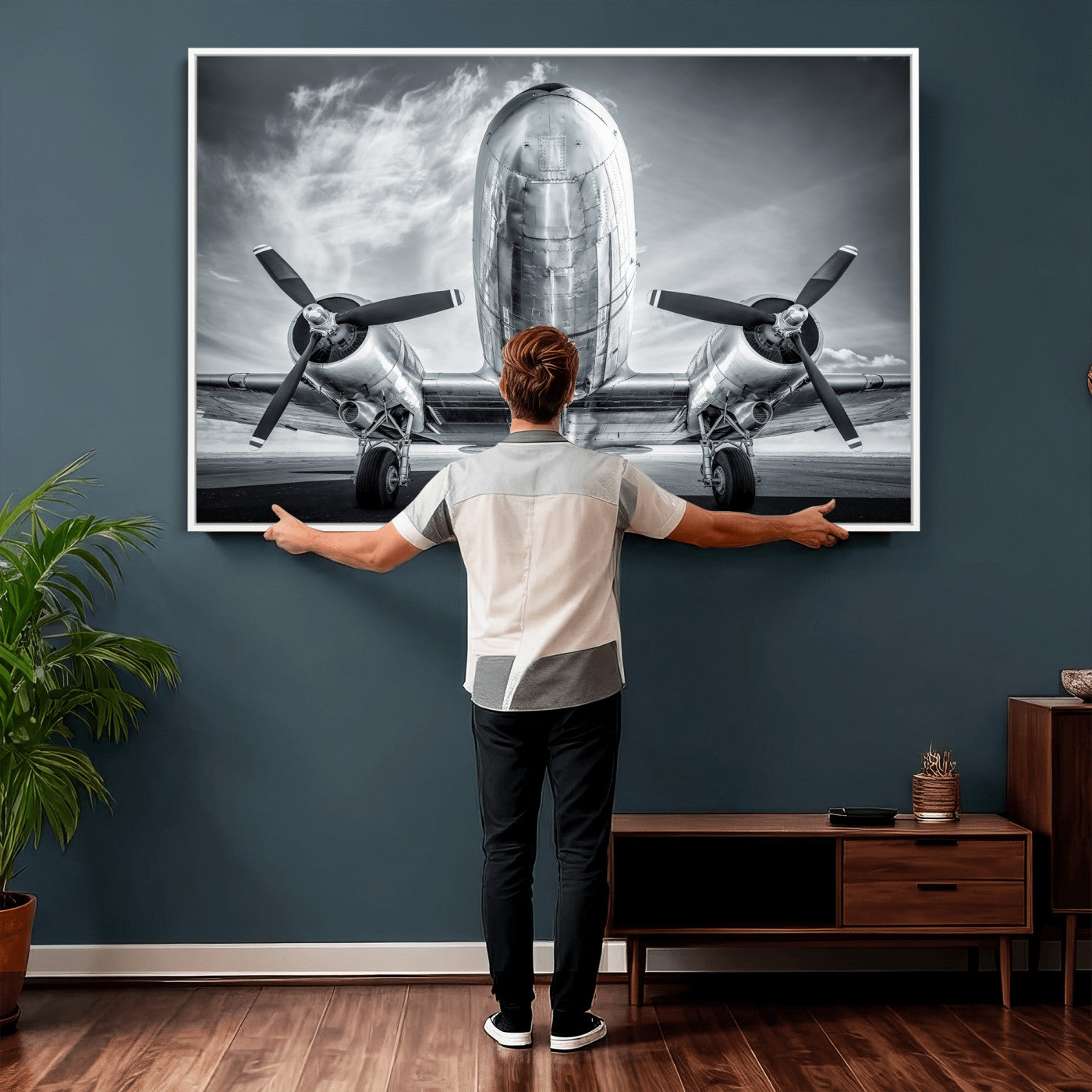 59729636-MGV-CV-36X24 - Vintage Propeller Plane Wall Art Canvas Print, Black and White Airplane Engine Close Up Framed Aviation Artwork for Pilot Office Hangar Decor