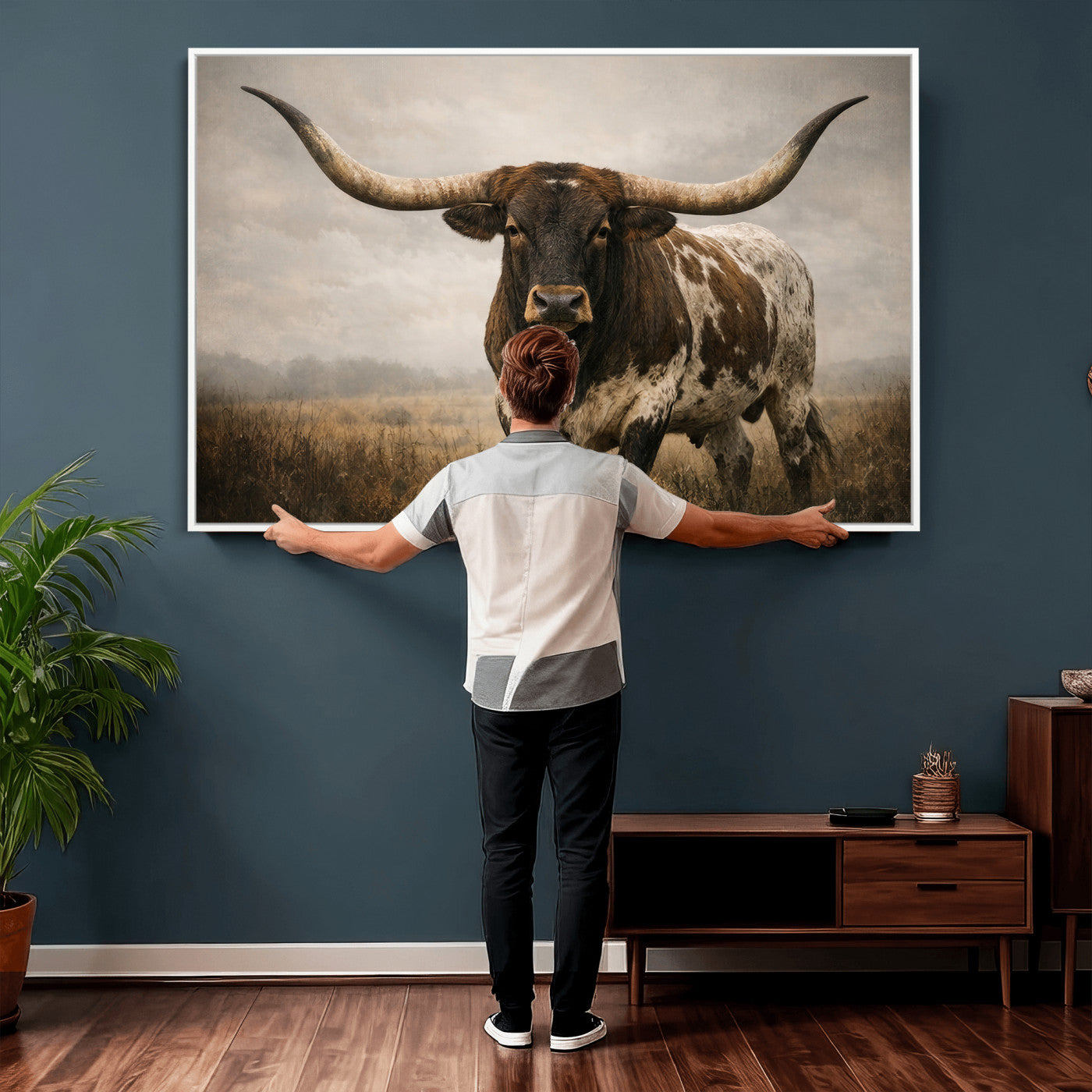 17622011L-MGV-CV-36X24 - Longhorn Bull Wall Art Canvas Print, Western Farmhouse Cowboy Decor, Rustic Texas Ranch Cattle Artwork for Living Room Bedroom Office, Framed Wall Decor