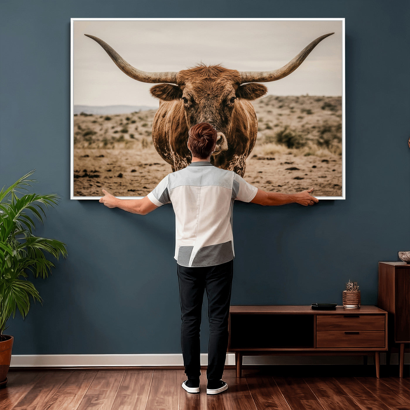 17622011K-MGV-CV-36X24 - Texas Longhorn Bull Wall Art Canvas Print, Western Farmhouse Cowboy Decor, Rustic Texas Ranch Cattle Artwork for Living Room Bedroom Office, Framed Wall Decor
