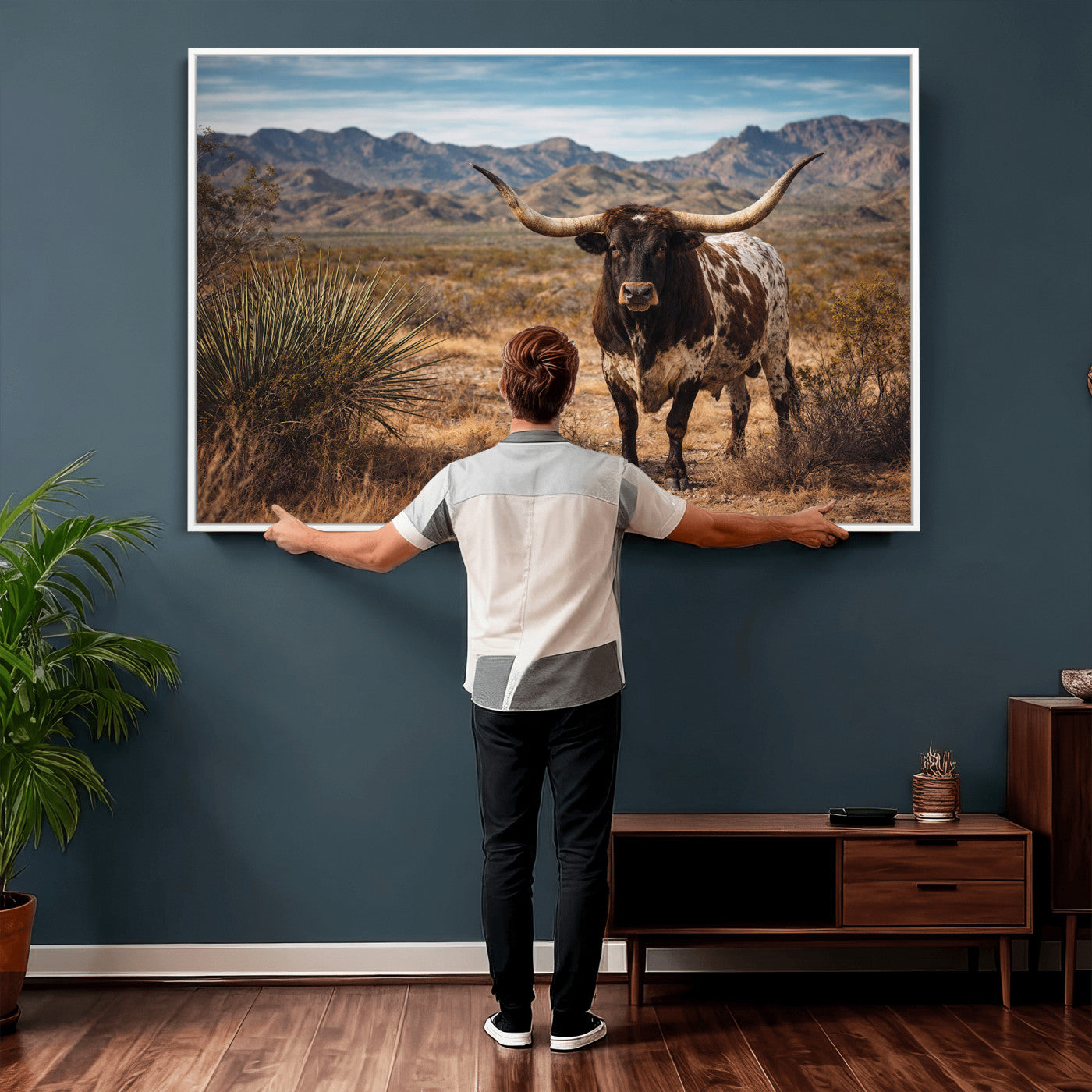 17622011S-MGV-CV-36X24 - Texas Longhorn Bull Wall Art Canvas Print, Western Farmhouse Cowboy Decor, Rustic Texas Ranch Cattle Artwork for Living Room Bedroom Office, Framed Wall Decor