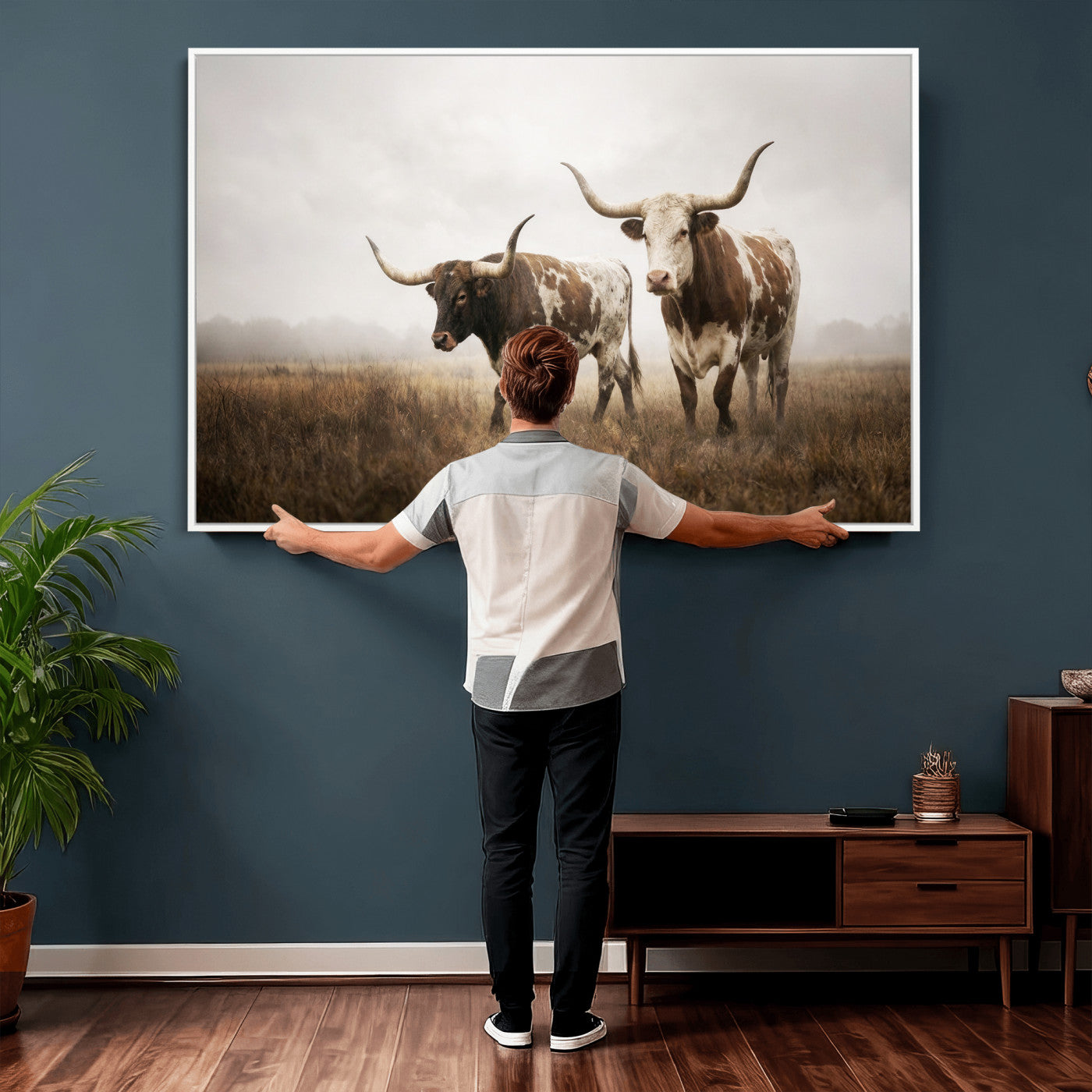 92881702-MGV-CV-36X24 - Texas Longhorn Canvas Wall Art Western Bull Desert Moody Grey Overcast Rustic Farmhouse Framed Large for Living Room Bedroom Office Decor