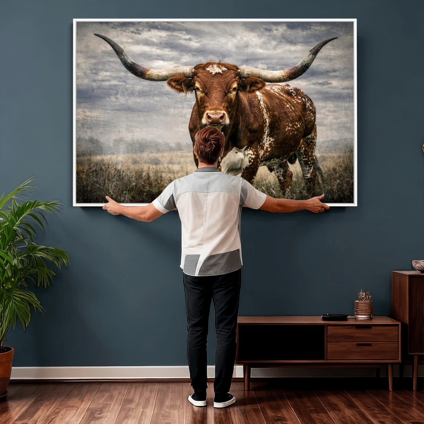 14372769-MGV-CV-36X24 - Texas Longhorn Canvas Wall Art Western Bull Desert Moody Grey Overcast Rustic Farmhouse Framed Large for Living Room Bedroom Office Decor
