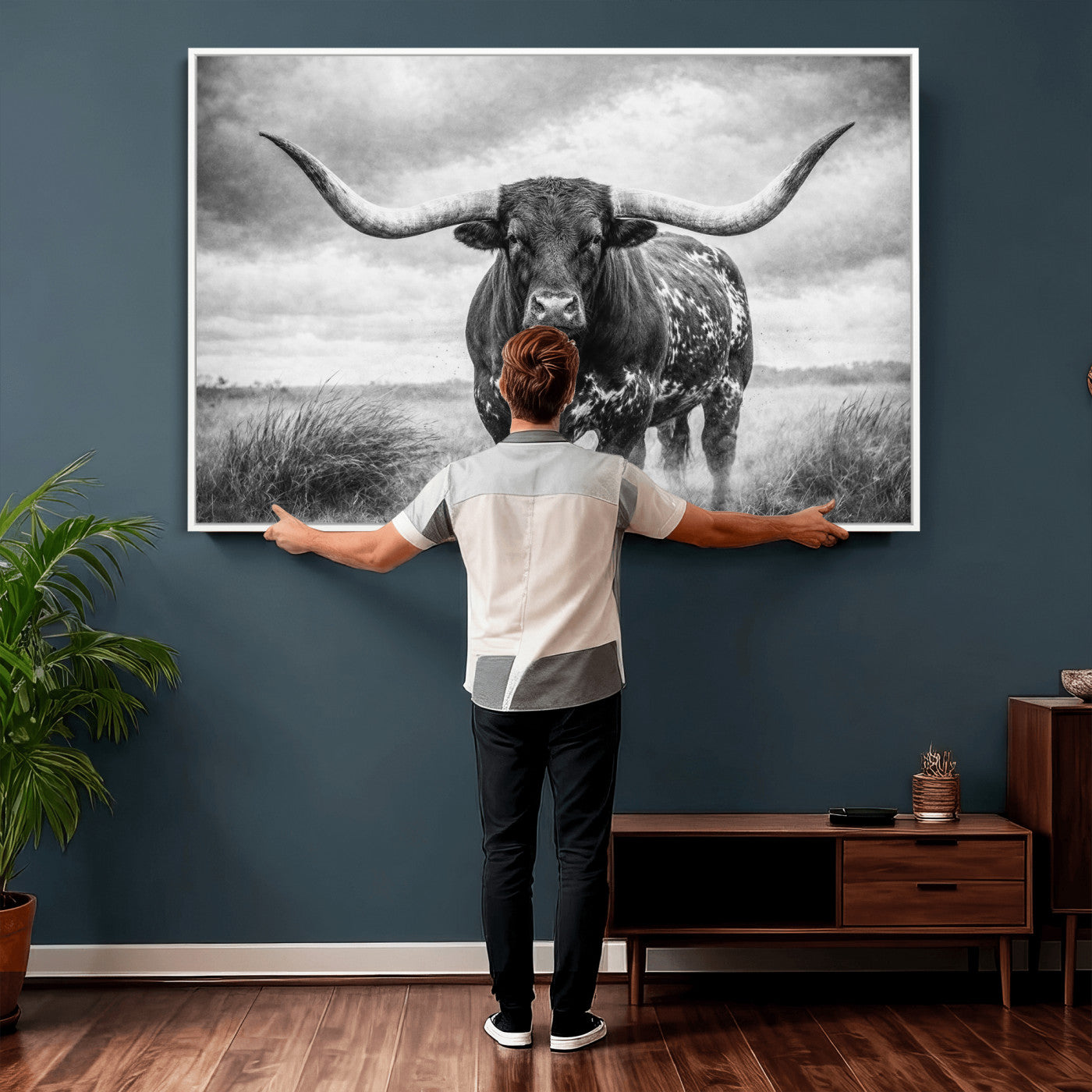 19951238-MGV-CV-36X24 - Texas Longhorn Canvas Wall Art Western Bull Desert Moody Grey Overcast Rustic Farmhouse Framed Large for Living Room Bedroom Office Decor