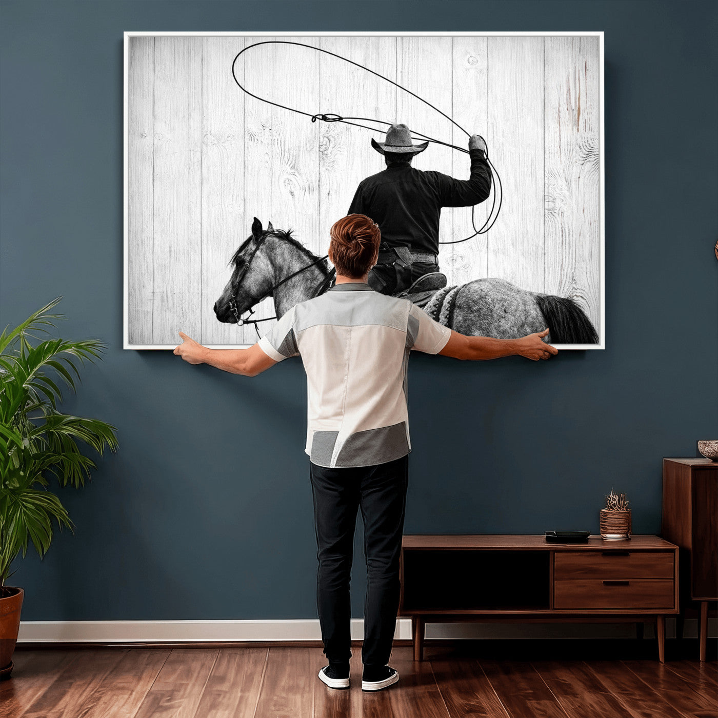 22569358-MGV-CV-36X24 - Cowboy Lasso Canvas Wall Art, Black White Western Horse Photo Print, Rustic Ranch Rodeo Decor, Farmhouse Western Art, Cowboy Gift for Him