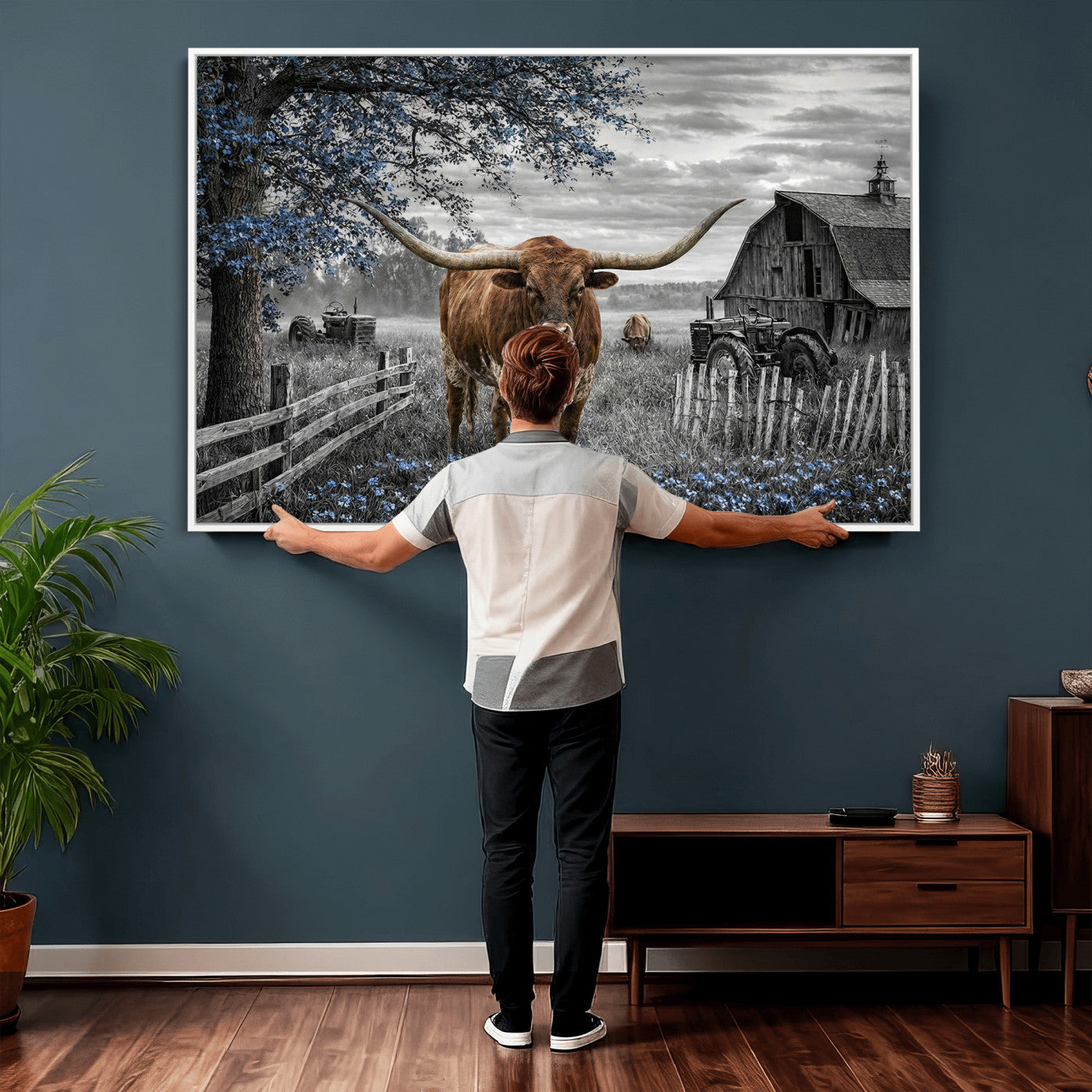 19366343-MGV-CV-36X24 - Texas Longhorn Canvas Wall Art, Rustic Farm Barn Bluebonnet Photography Print, Farmhouse Country Decor, Western Ranch Art, Old Truck Tractor Print