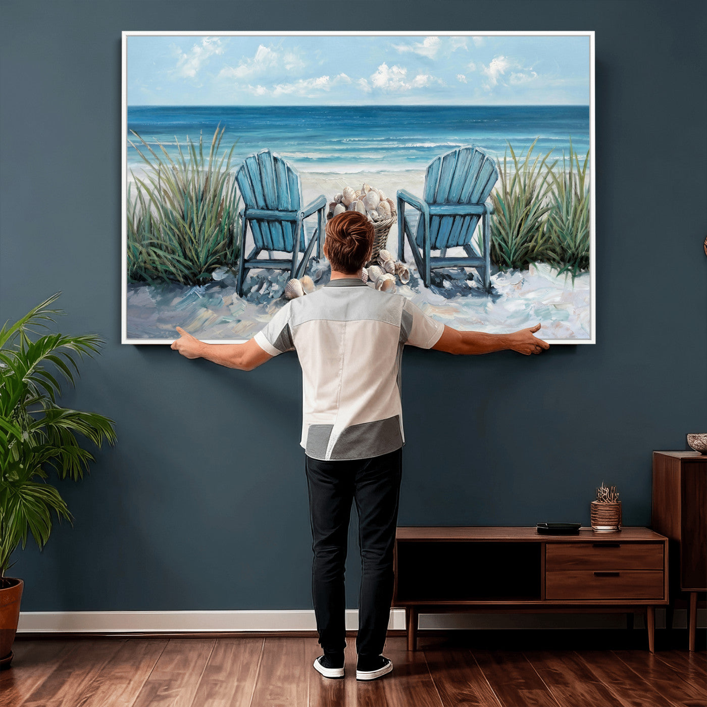 11973028-MGV-CV-36X24 - Beach Canvas Wall Art Coastal Adirondack Chairs Ocean Seashells Blue Nautical Framed Large for Living Room Bedroom Bathroom Decor